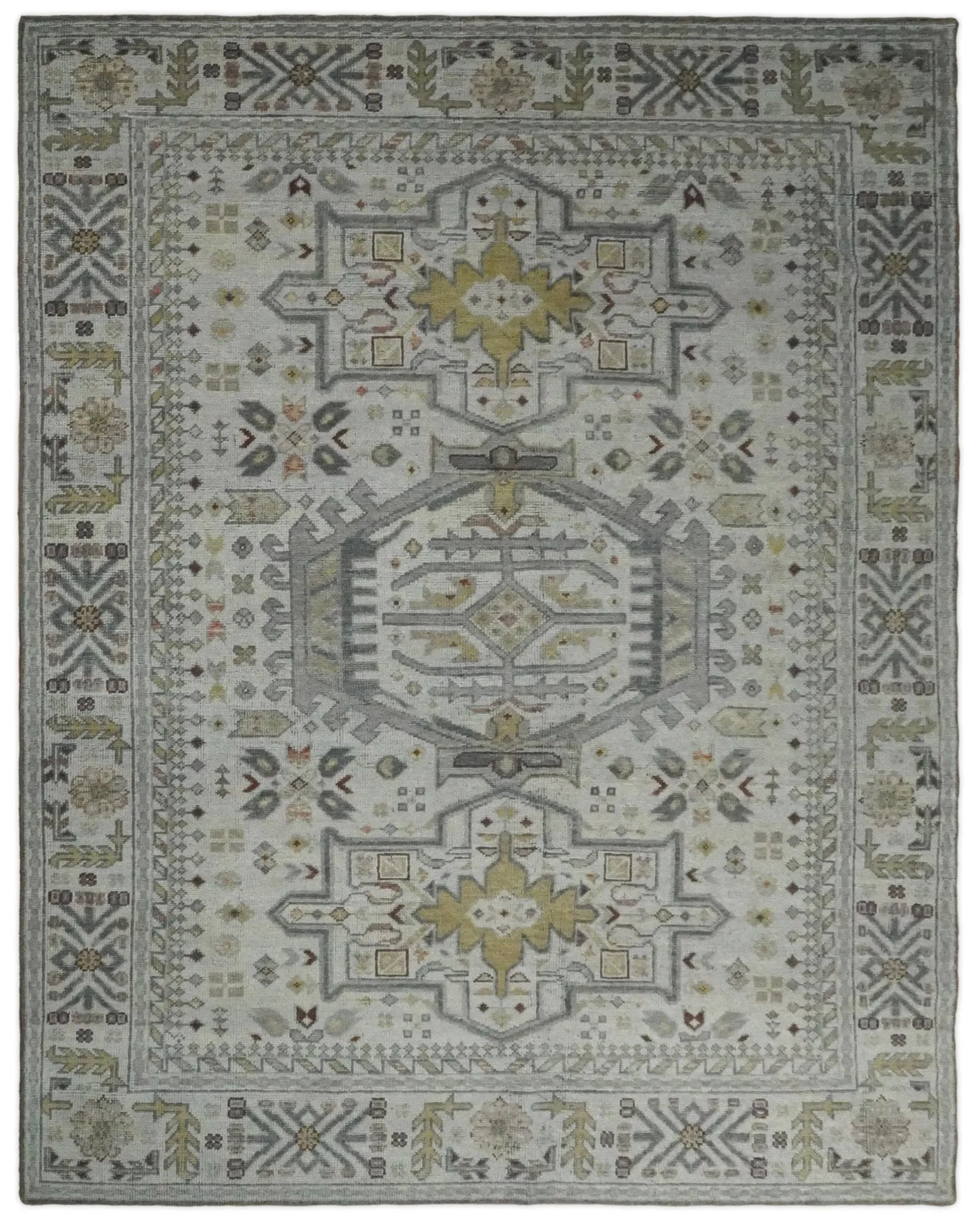 Vintage Distressed Turkish Hand Knotted Serapi Silver, Gray and Olive Traditional Custom Made wool Area Rug