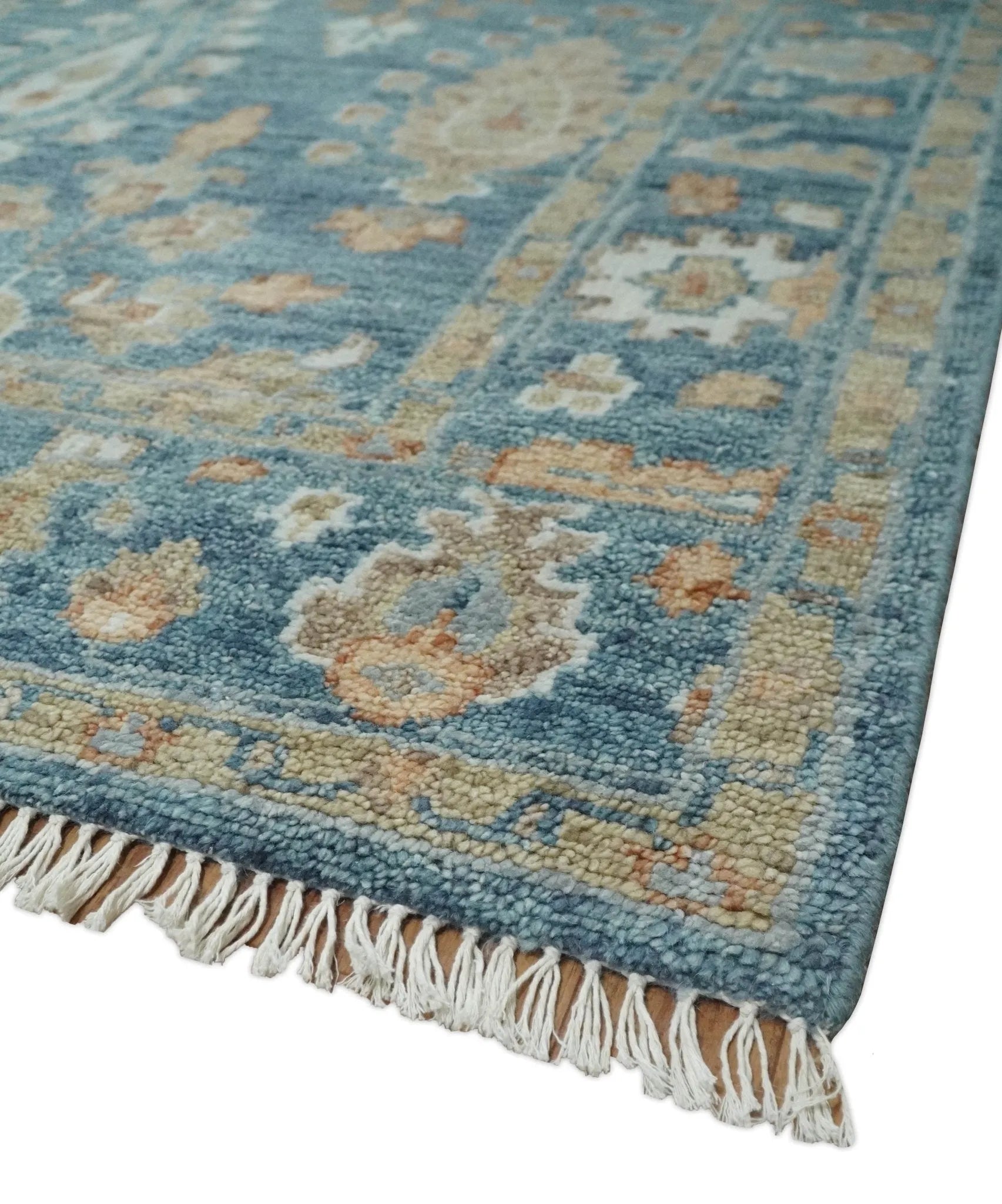 Custom Made Antique Hand Knotted Blue and Beige Traditional Oushak Wool Area Rug