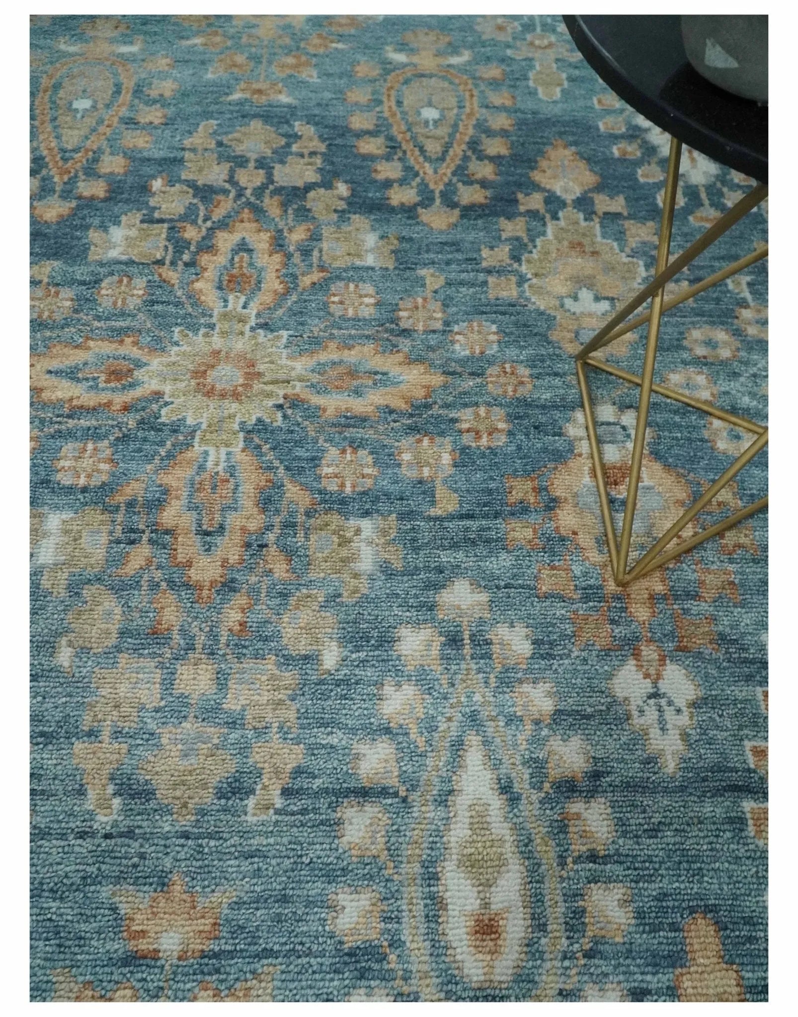 Custom Made Antique Hand Knotted Blue and Beige Traditional Oushak Wool Area Rug