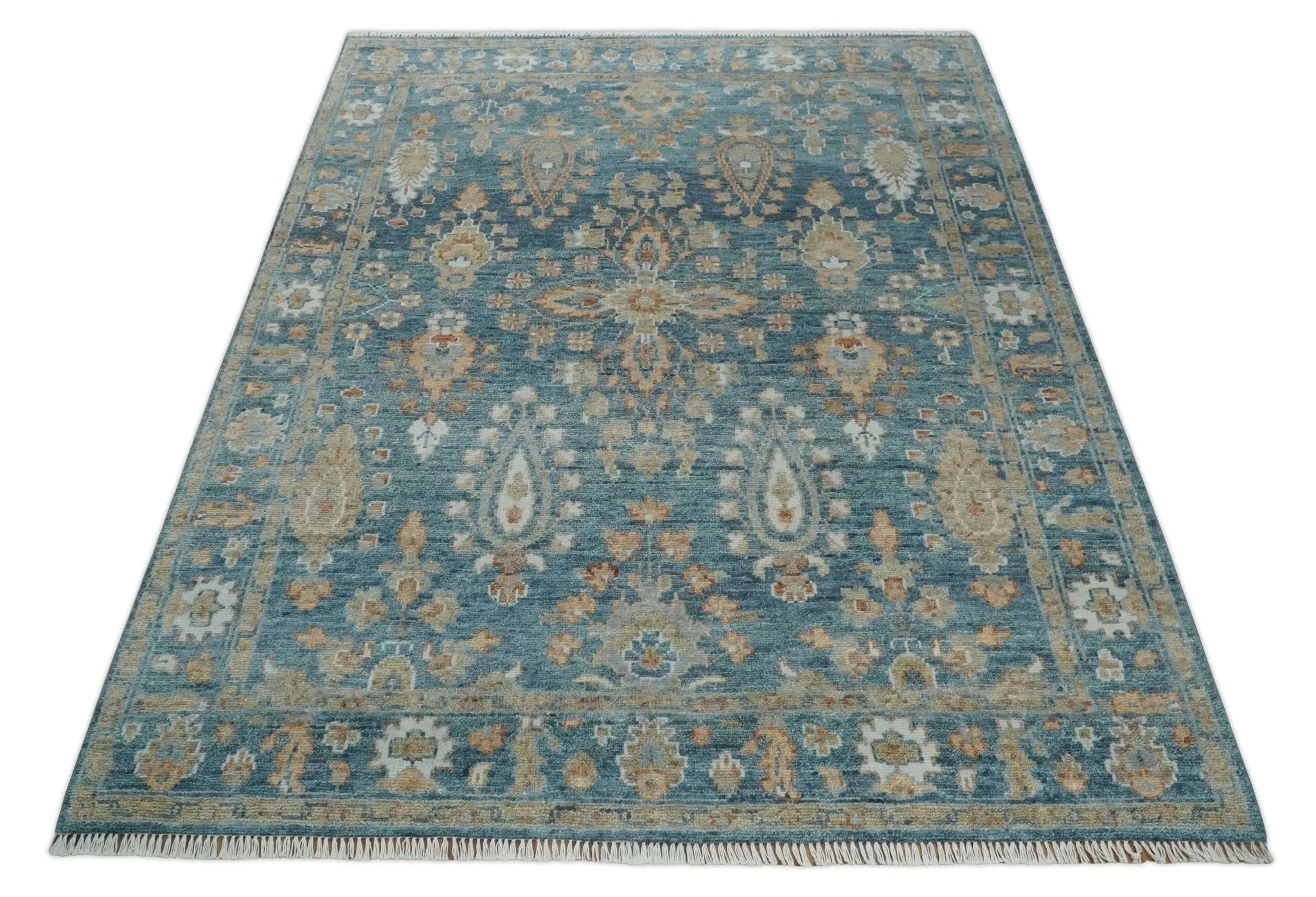 Custom Made Antique Hand Knotted Blue and Beige Traditional Oushak Wool Area Rug