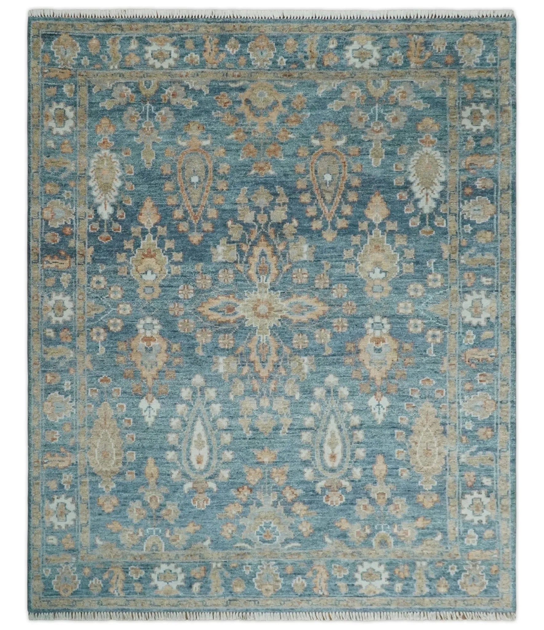 Custom Made Antique Hand Knotted Blue and Beige Traditional Oushak Wool Area Rug