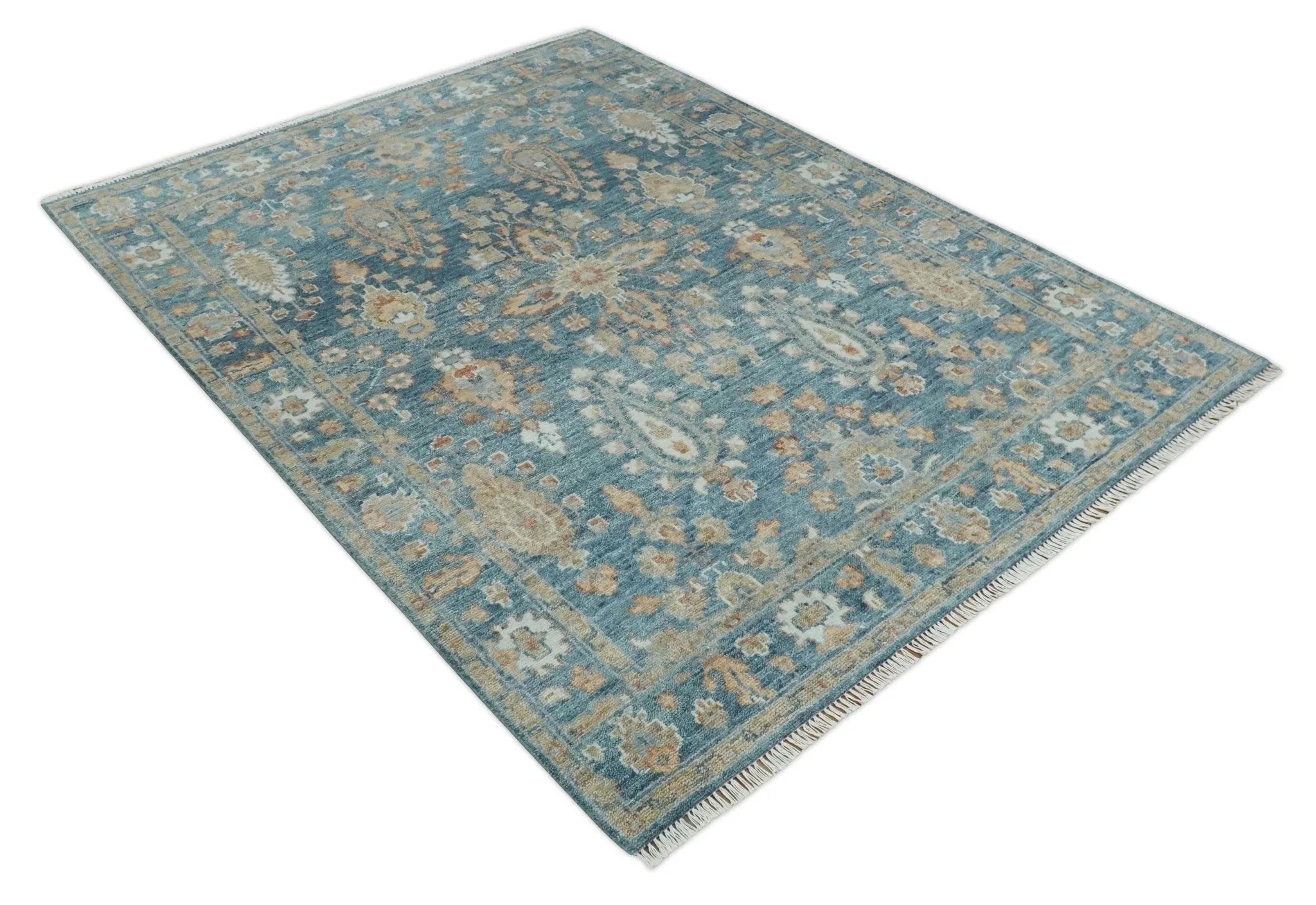 Custom Made Antique Hand Knotted Blue and Beige Traditional Oushak Wool Area Rug