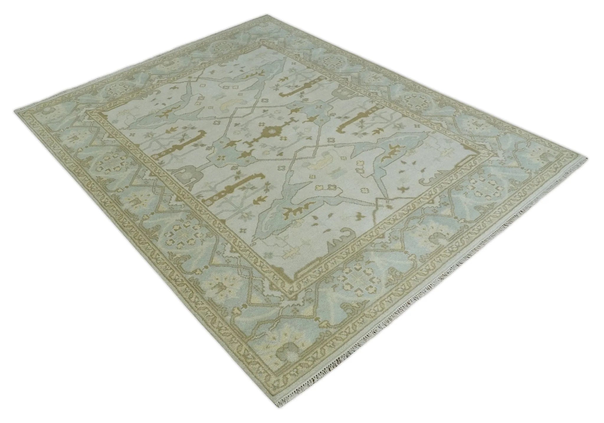 Antique Ivory, Silver and Beige Hand Knotted 8x10 Oriental Oushak Wool Area Rug, Living Room Rug | TRDCP1161810