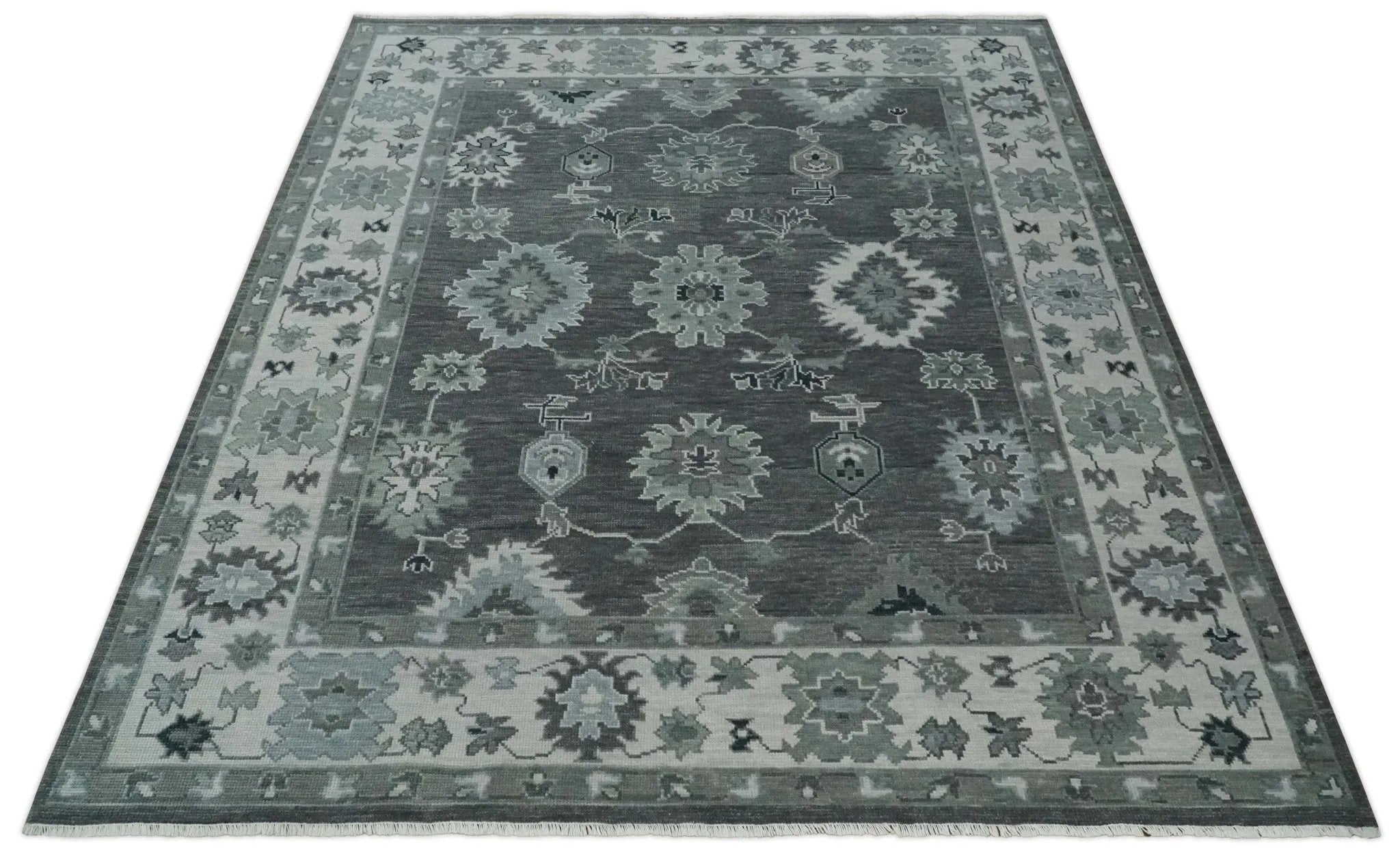 Antique look Charcoal, Ivory and Silver Hand knotted Traditional Oushak Custom Made wool Area Rug