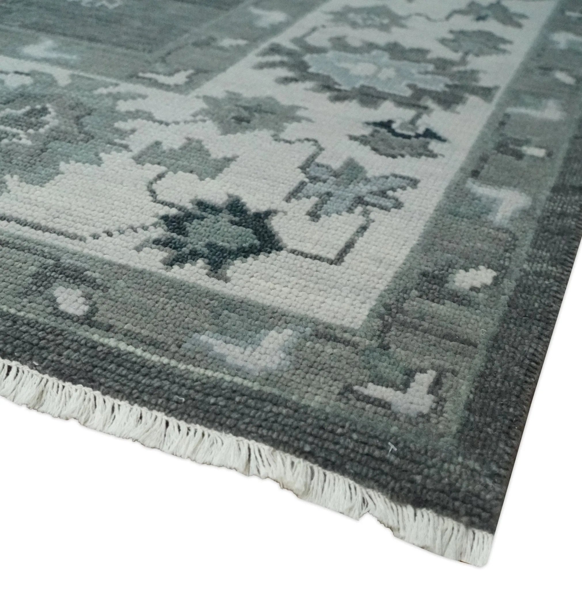 Antique look Charcoal, Ivory and Silver Hand knotted Traditional Oushak Custom Made wool Area Rug