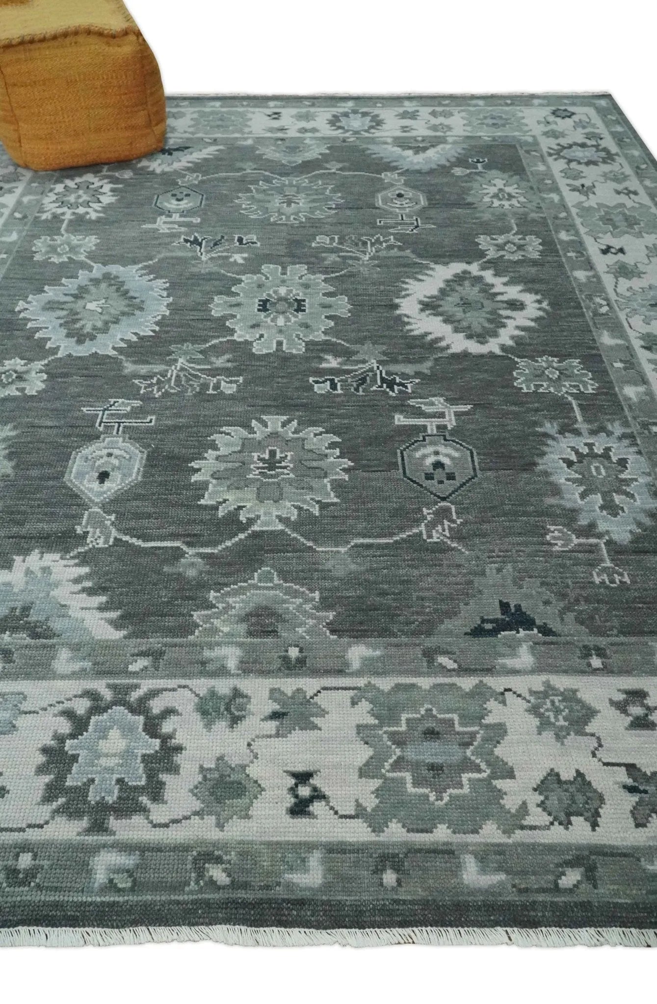 Antique look Charcoal, Ivory and Silver Hand knotted Traditional Oushak Custom Made wool Area Rug