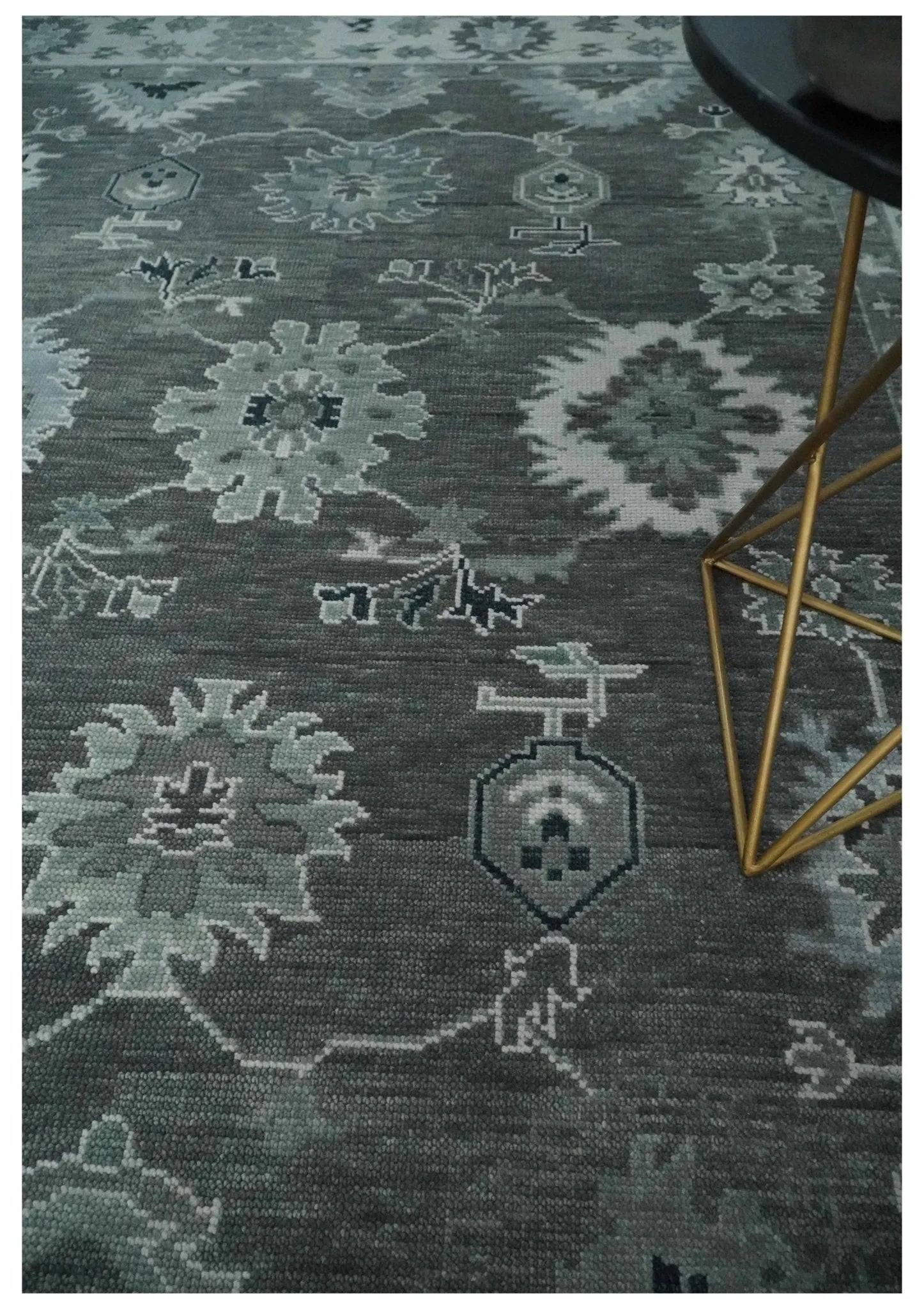 Antique look Charcoal, Ivory and Silver Hand knotted Traditional Oushak Custom Made wool Area Rug