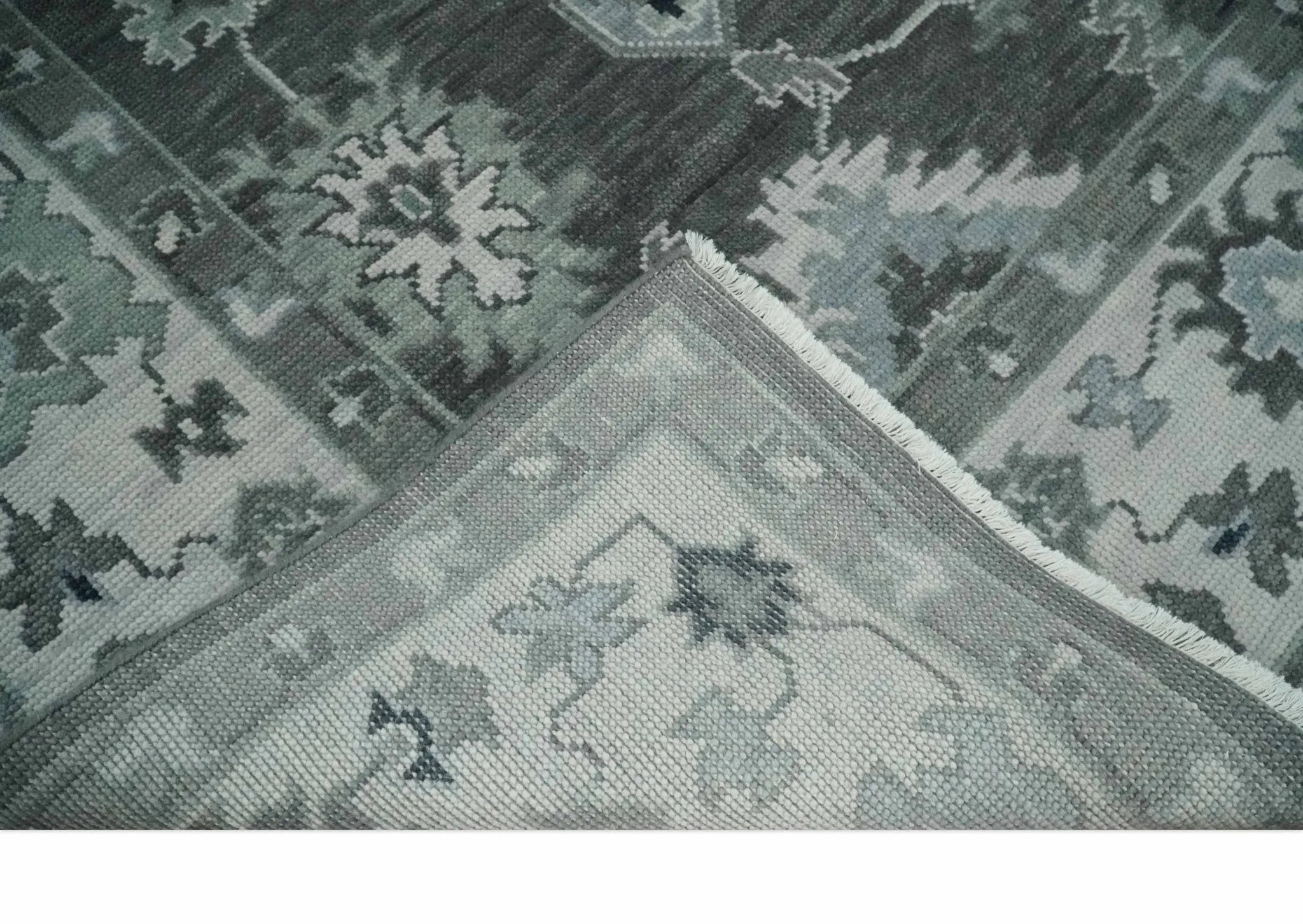 Antique look Charcoal, Ivory and Silver Hand knotted Traditional Oushak Custom Made wool Area Rug