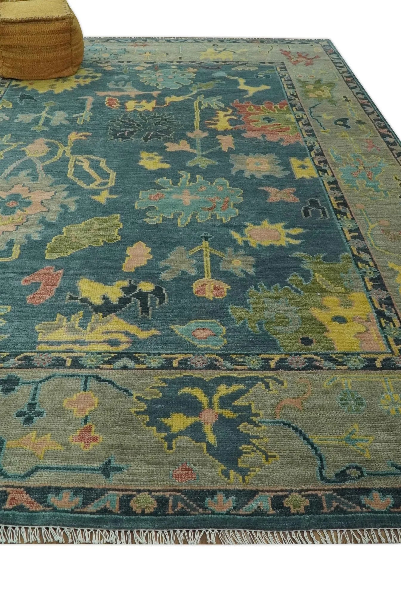 Antique look Teal and Olive Hand Knotted Traditional Oushak Custom Made wool rug