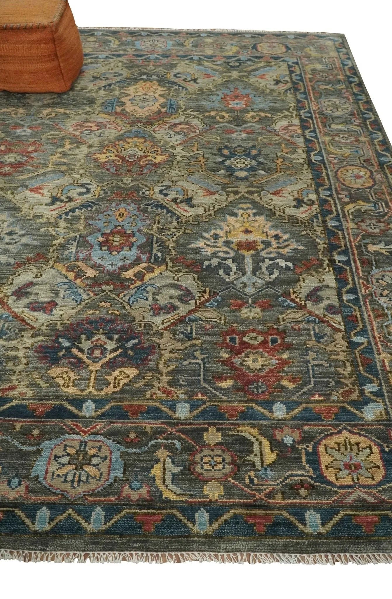 Antique Moss All Wool Traditional Oushak Charcoal, Brown and Blue Hand knotted Custom Made wool Area Rug