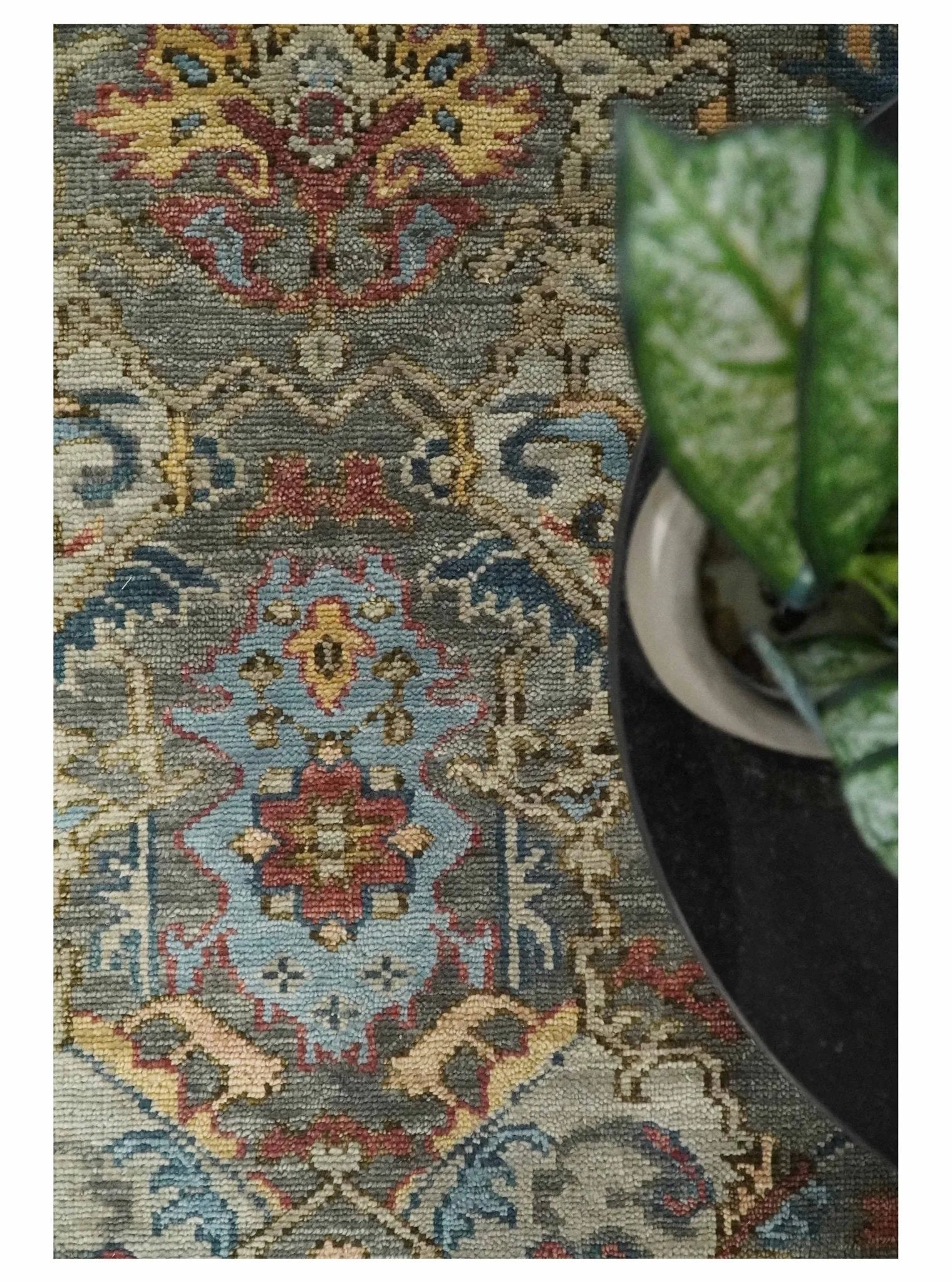 Antique Moss All Wool Traditional Oushak Charcoal, Brown and Blue Hand knotted Custom Made wool Area Rug