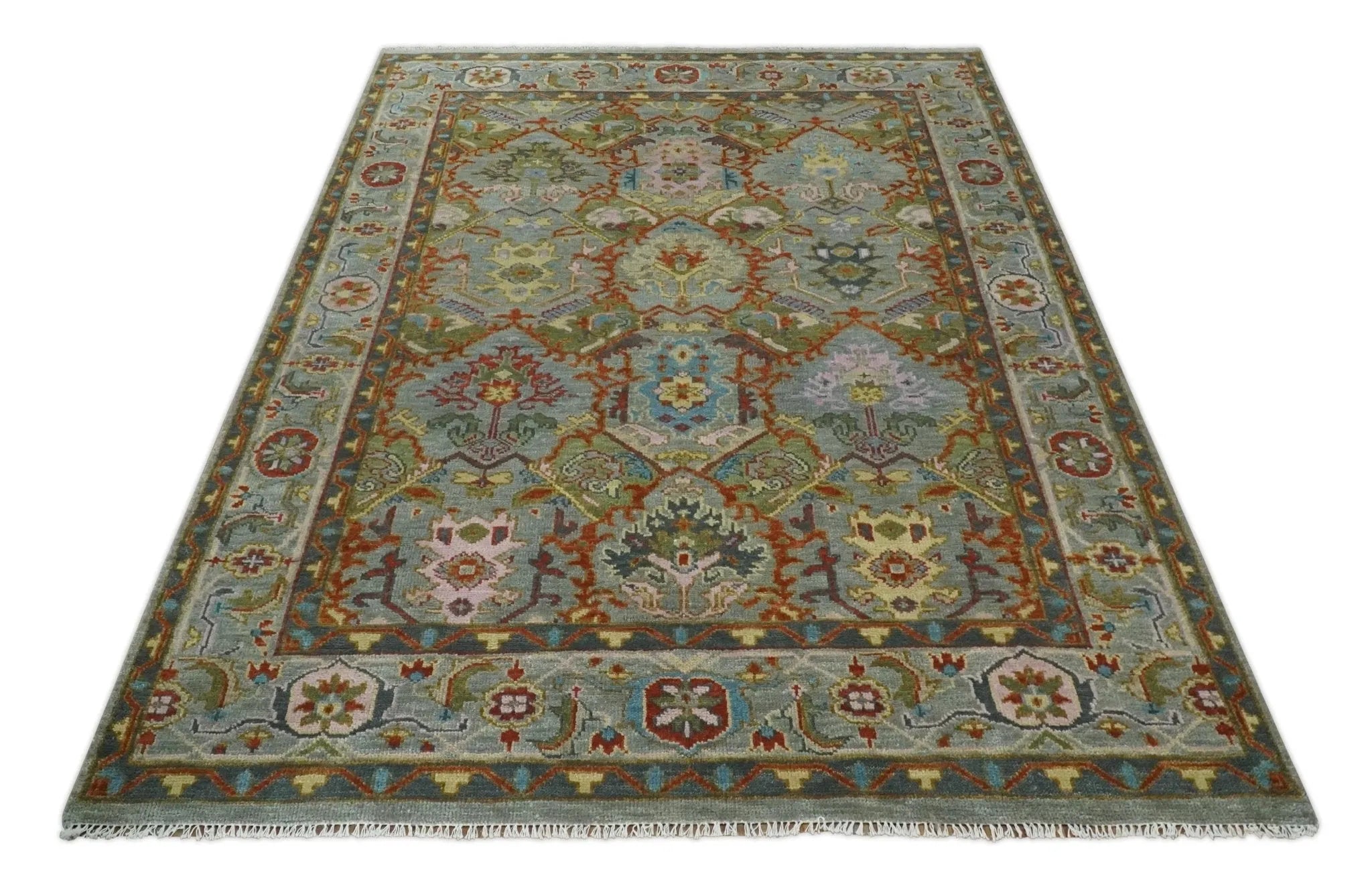 Antique Moss All Wool Traditional Persian Silver, Rust and Green Hand knotted Oushak Area Rug | TRDCP718