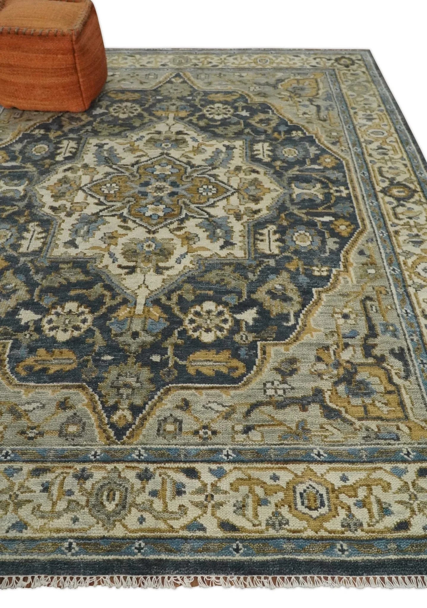 Antique Muted Traditional Heriz Serapi Medallion Blue ,Beige and Brown Hand knotted Custom made wool Area Rug