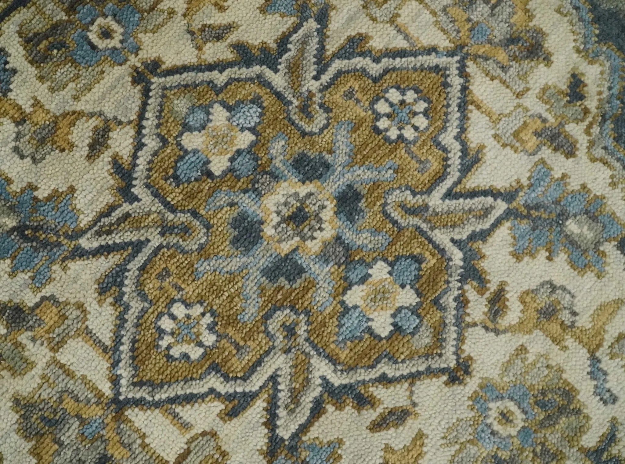 Antique Muted Traditional Heriz Serapi Medallion Blue ,Beige and Brown Hand knotted Custom made wool Area Rug