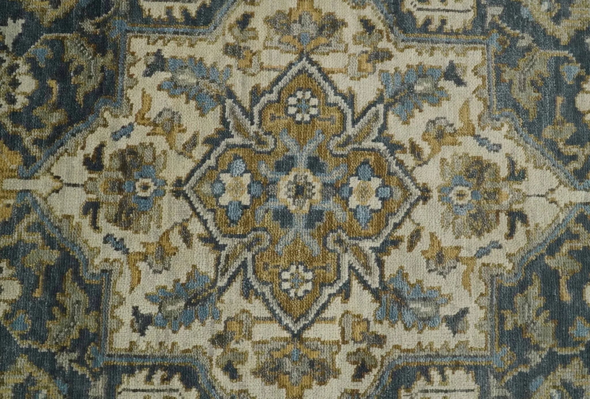 Antique Muted Traditional Heriz Serapi Medallion Blue ,Beige and Brown Hand knotted Custom made wool Area Rug