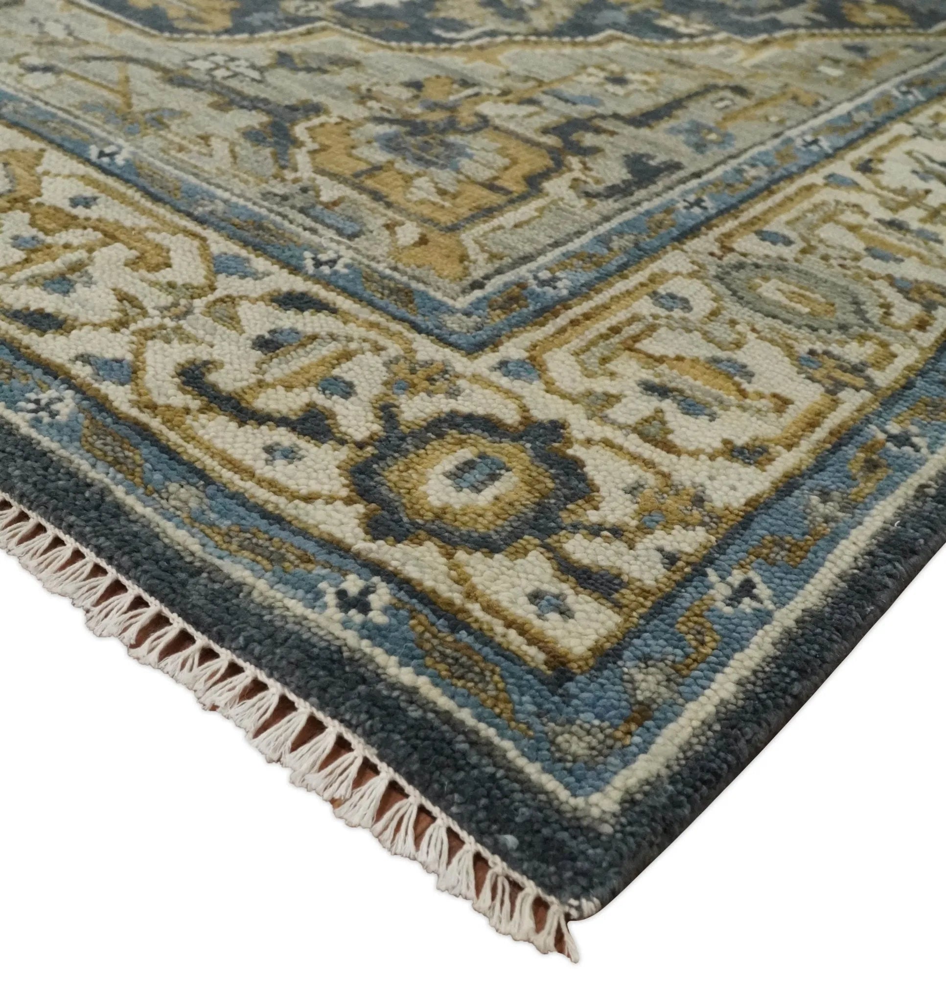 Antique Muted Traditional Heriz Serapi Medallion Blue ,Beige and Brown Hand knotted Custom made wool Area Rug