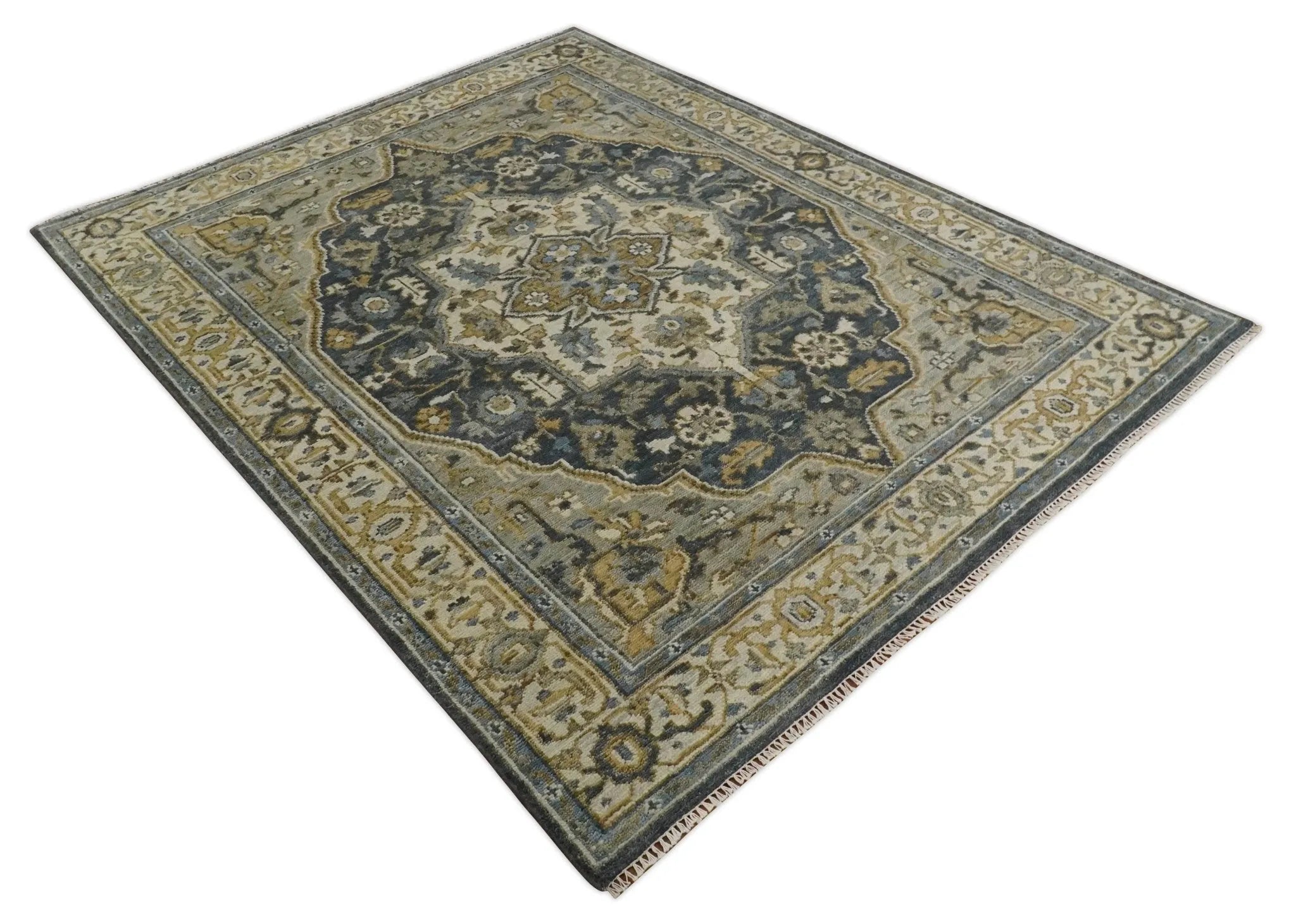 Antique Muted Traditional Heriz Serapi Medallion Blue ,Beige and Brown Hand knotted Custom made wool Area Rug