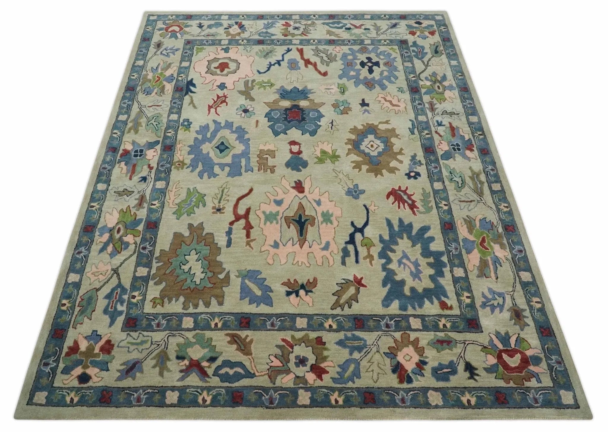 Hand Tufted Beige, Blue and Peach Traditional Oushak Custom Made wool Area Rug, Kids, Living Room and Bedroom Rug