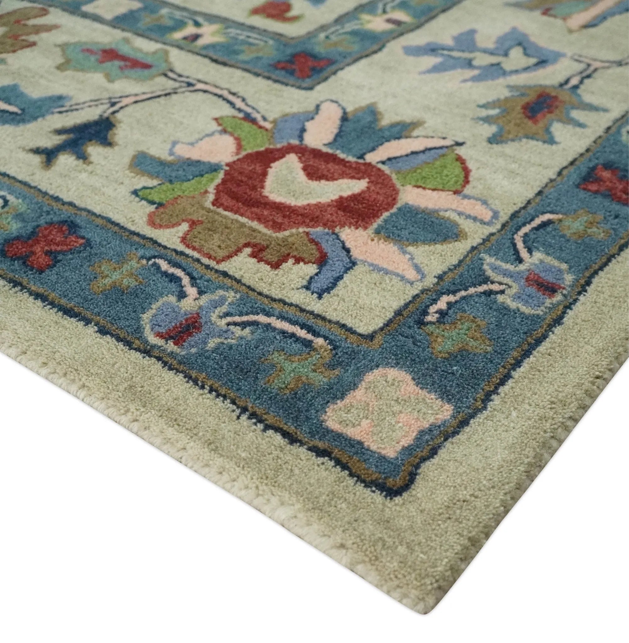 Hand Tufted Beige, Blue and Peach Traditional Oushak Custom Made wool Area Rug, Kids, Living Room and Bedroom Rug