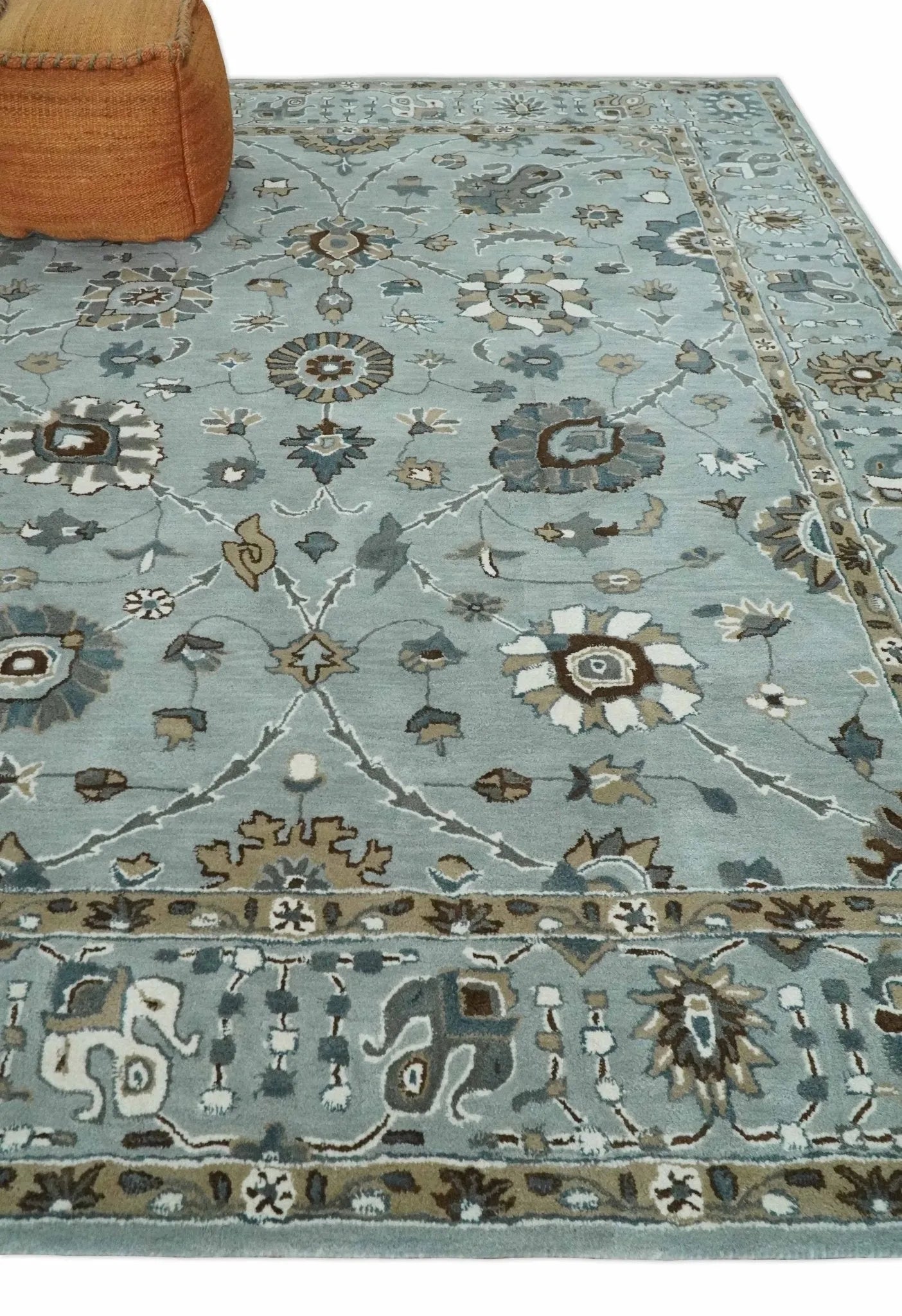 Light Blue, Beige and Gray Traditional Oriental Oushak Hand Tufted Custom Made wool Area Rug