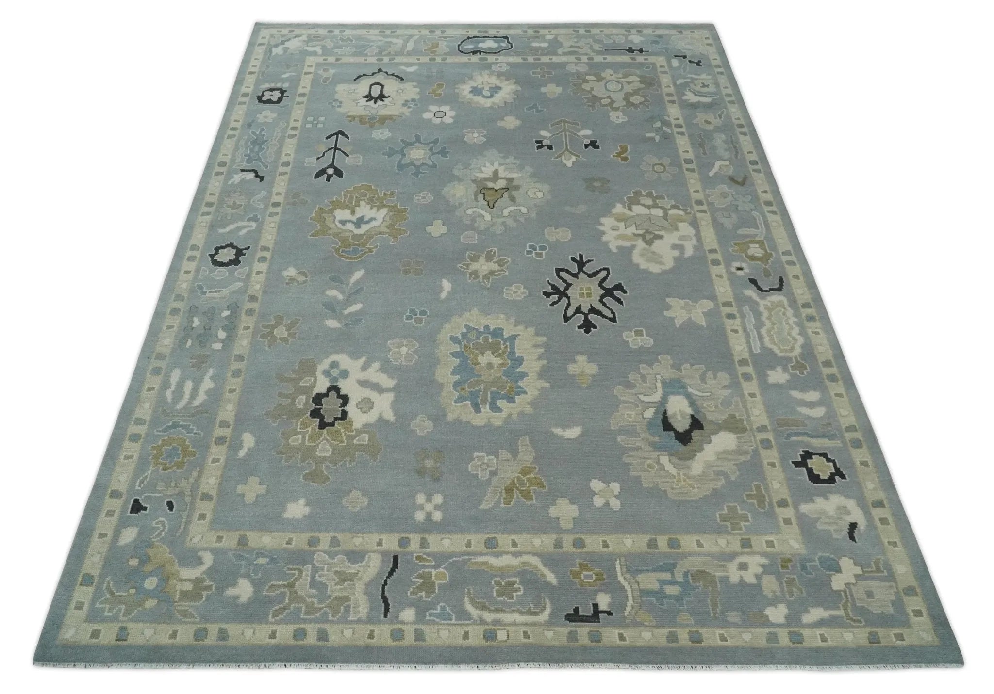 Custom Made Antique look Silver, Beige Hand Knotted Traditional Oushak Wool Area Rug