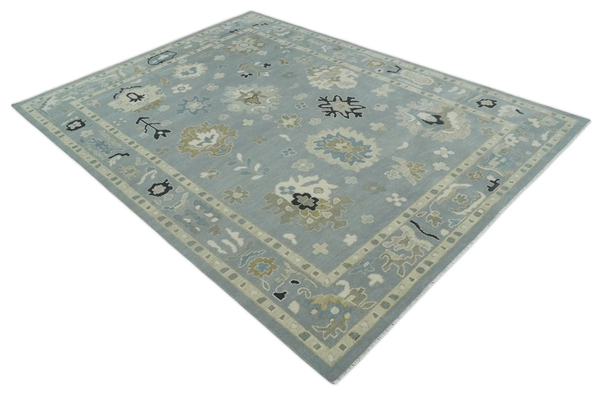 Custom Made Antique look Silver, Beige Hand Knotted Traditional Oushak Wool Area Rug