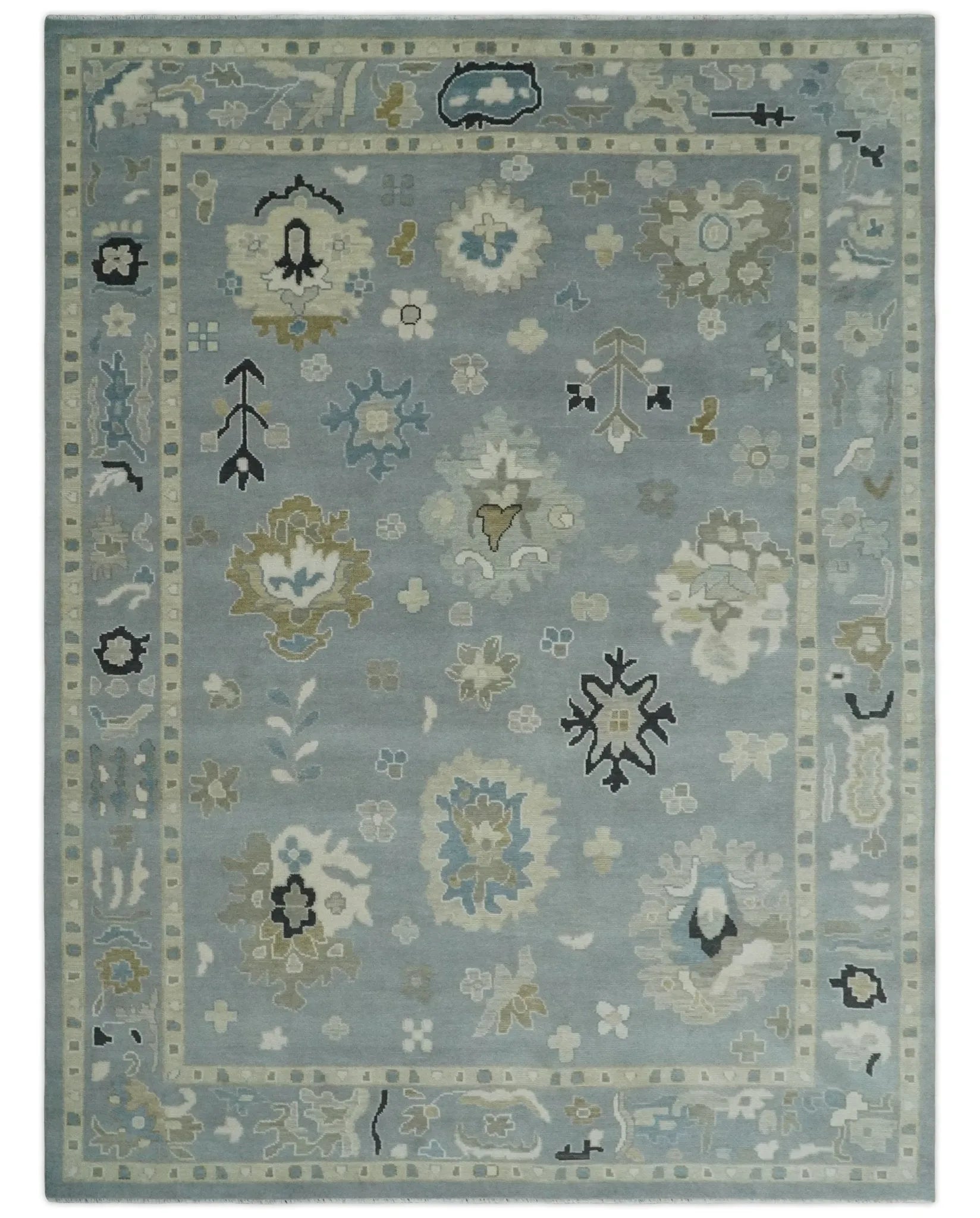 Custom Made Antique look Silver, Beige Hand Knotted Traditional Oushak Wool Area Rug