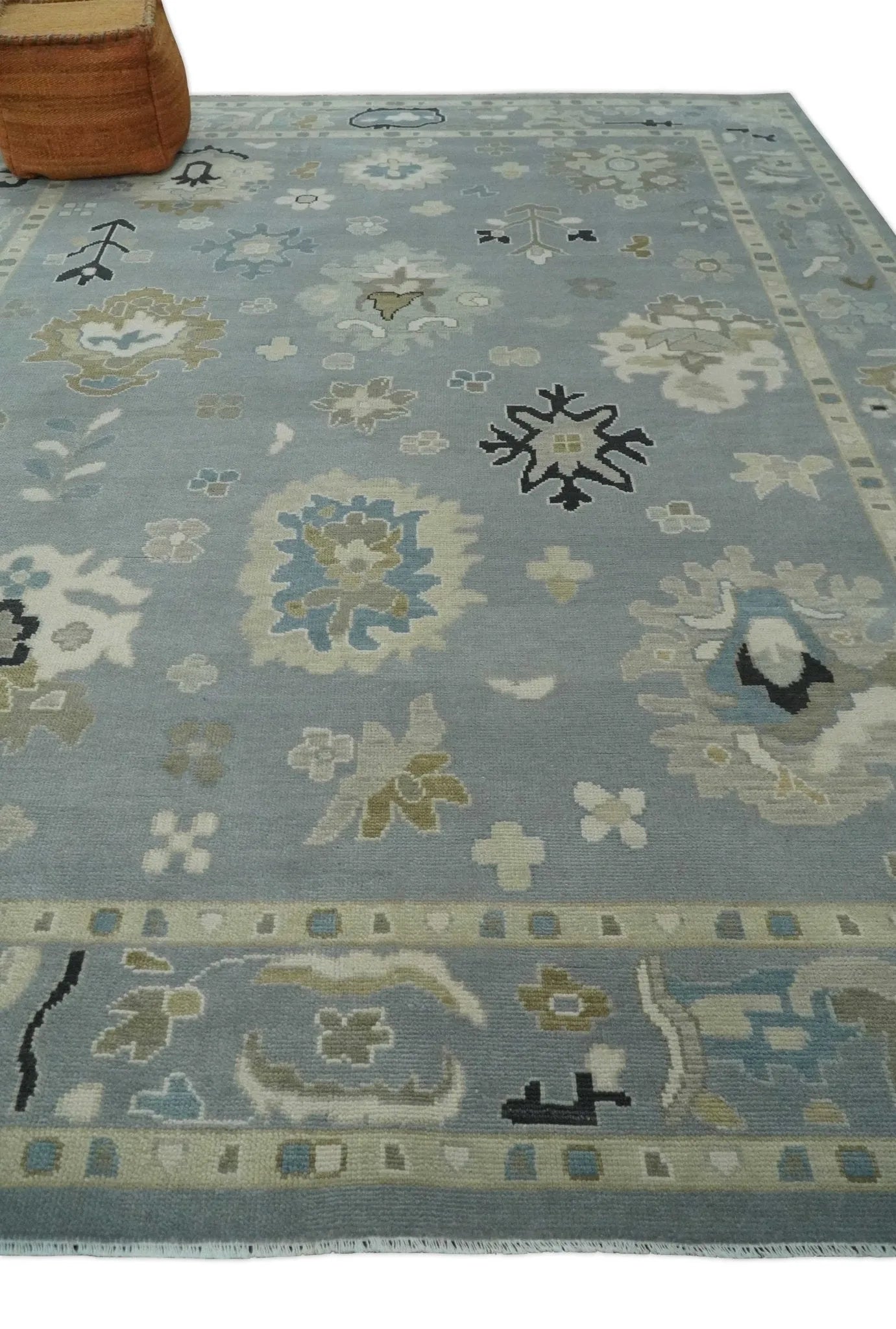 Custom Made Antique look Silver, Beige Hand Knotted Traditional Oushak Wool Area Rug