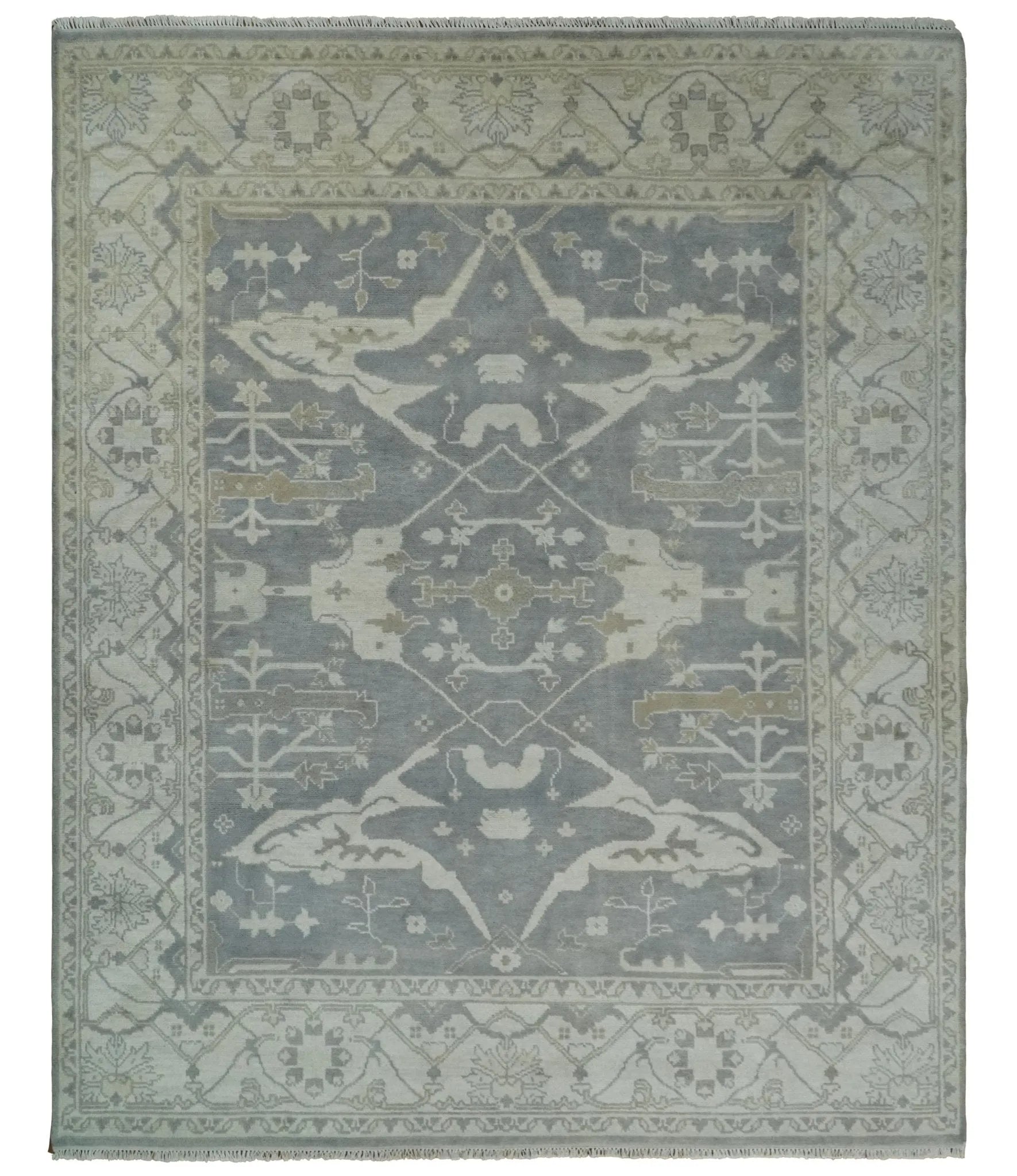 Antique Silver, Ivory and Beige Hand Knotted 8x10 Oriental Oushak Wool Area Rug, Living Room Rug | TRDCP1159810