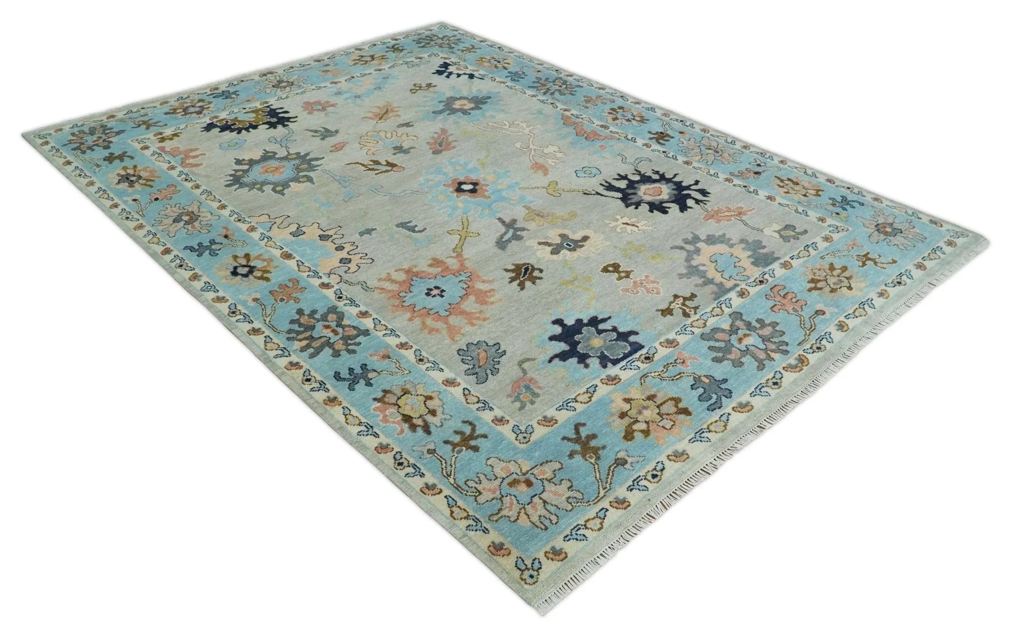 Antique Style 9x12 Wool Traditional Persian Gray and Blue Hand knotted Oushak Area Rug | TRDCP1074912