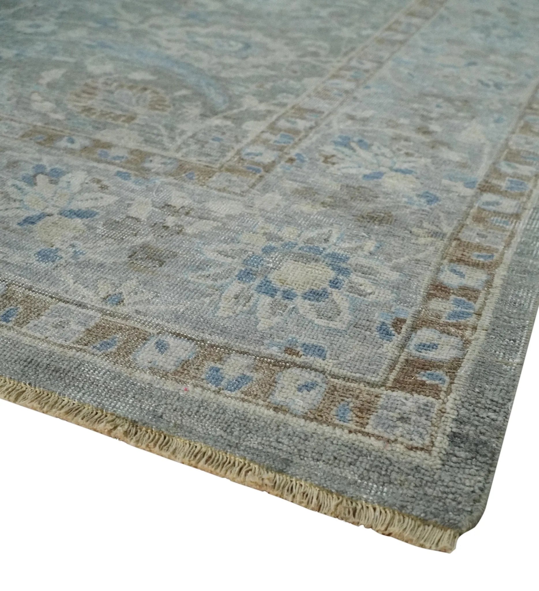 Antique Style Blue, Gray and Beige Hand knotted Classic Distressed Finished Custom Made wool Area Rug