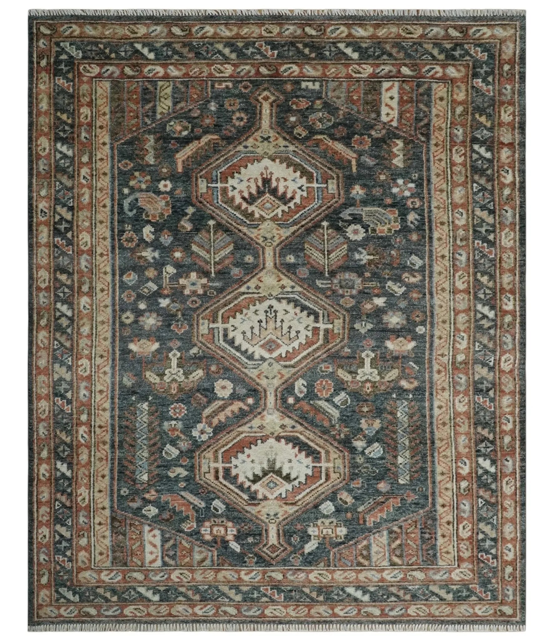 Antique Style Charcoal, Beige and Rust Hand knotted Custom Made wool Area Rug