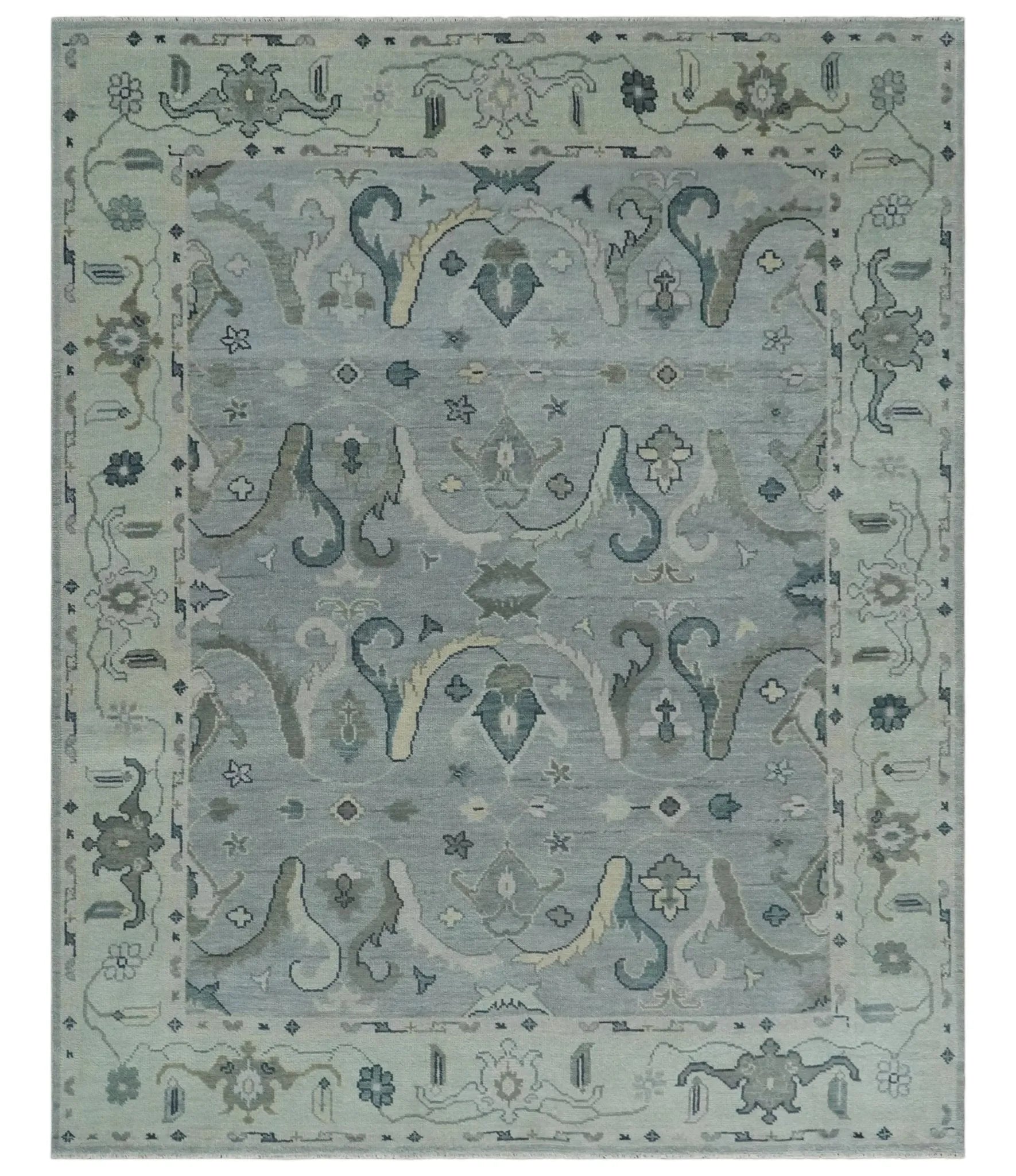 Antique Style Custom Made Charcoal, Silver and Green Hand Knotted Oriental Oushak Wool Area Rug