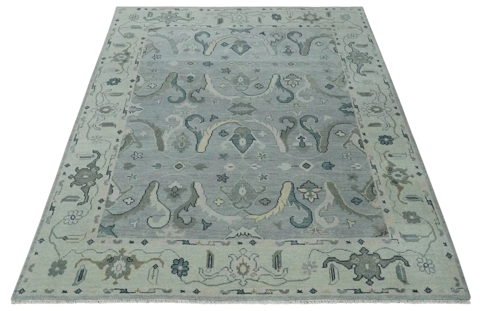 Antique Style Custom Made Charcoal, Silver and Green Hand Knotted Oriental Oushak Wool Area Rug