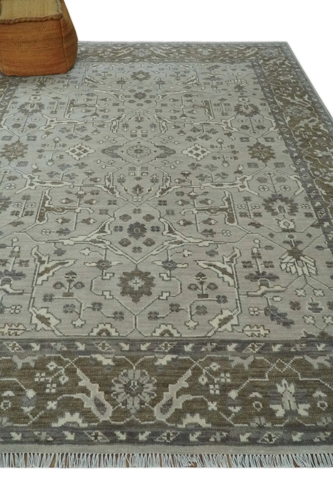 Antique Style Custom Made Traditional Silver and Brown Oriental Oushak Wool Area Rug