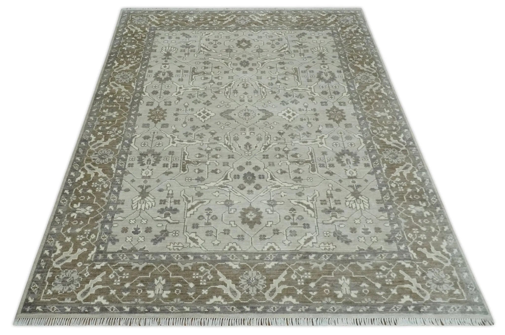 Antique Style Custom Made Traditional Silver and Brown Oriental Oushak Wool Area Rug