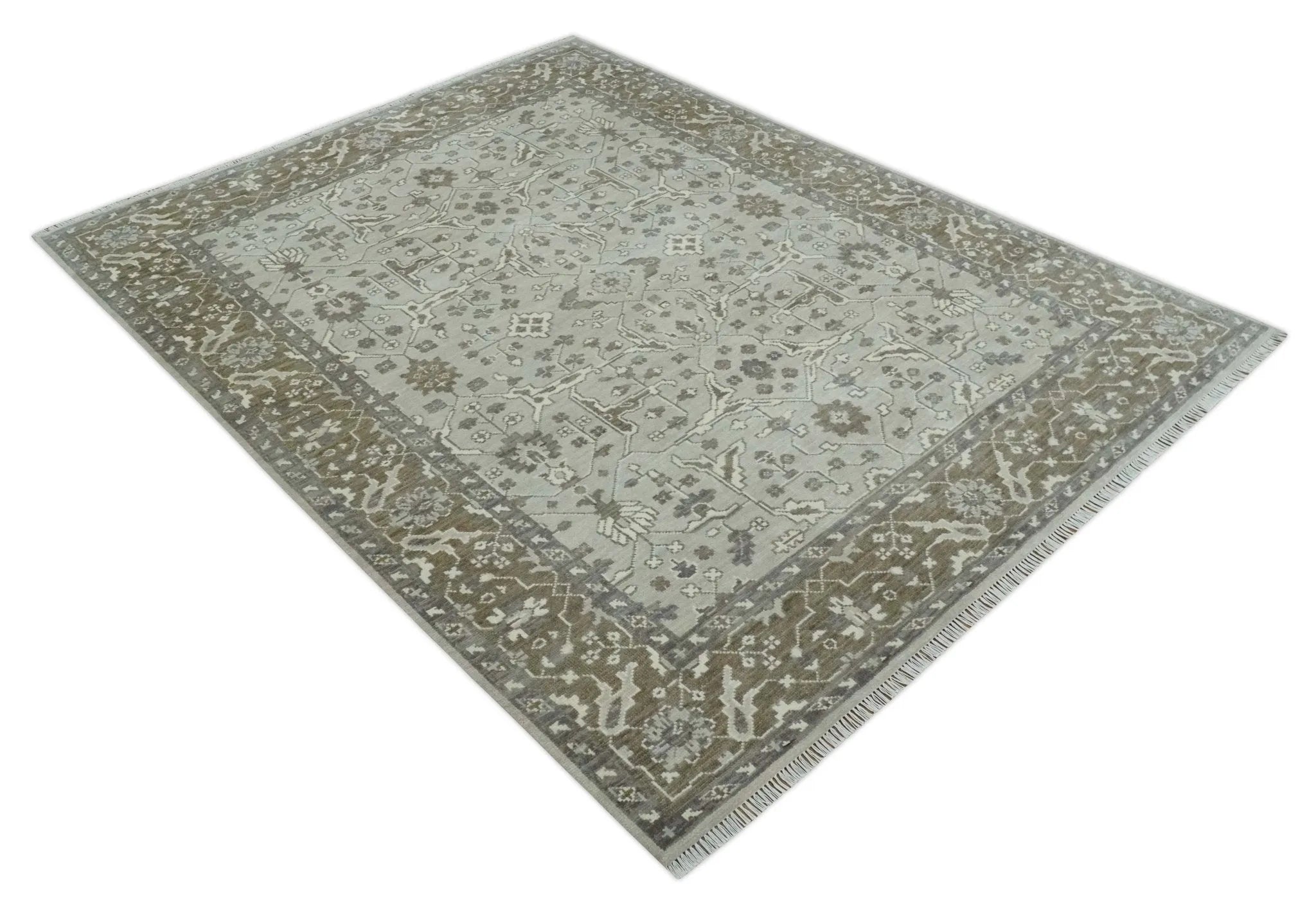 Antique Style Custom Made Traditional Silver and Brown Oriental Oushak Wool Area Rug