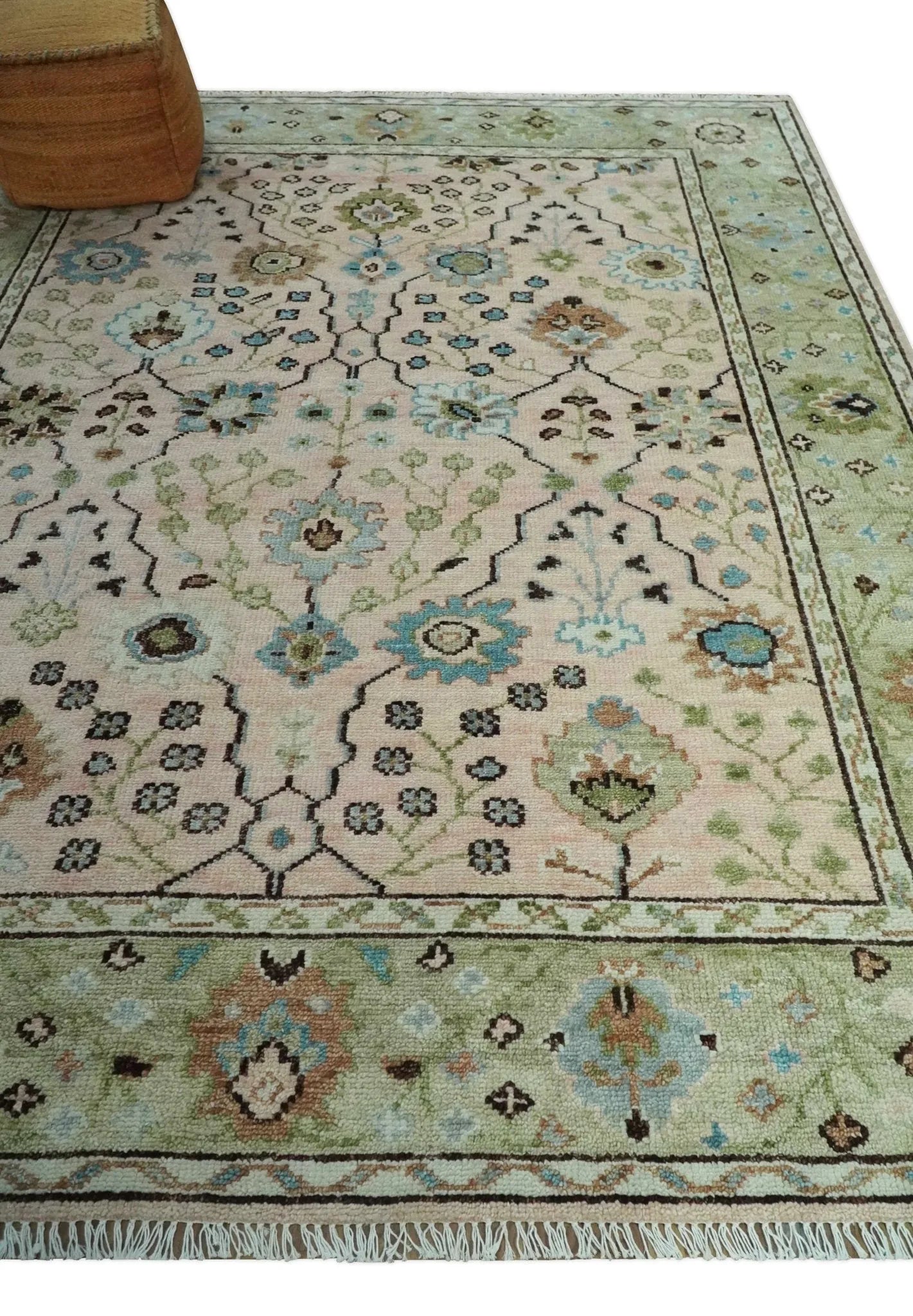 Antique Style floral Hand knotted Peach Pink and Green Custom Made Wool Area Rug