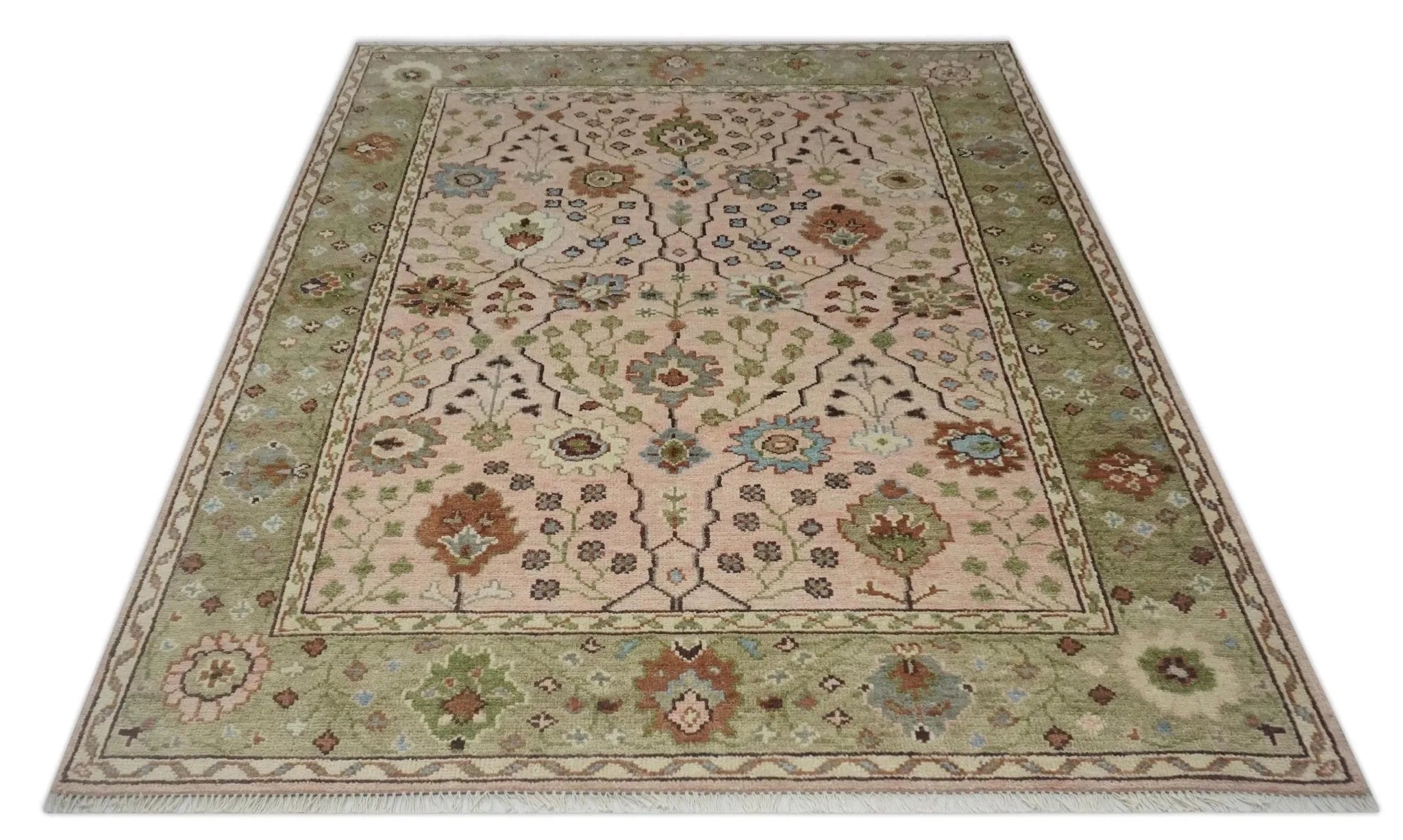 Antique Style floral Hand knotted Peach Pink and Green Custom Made Wool Area Rug