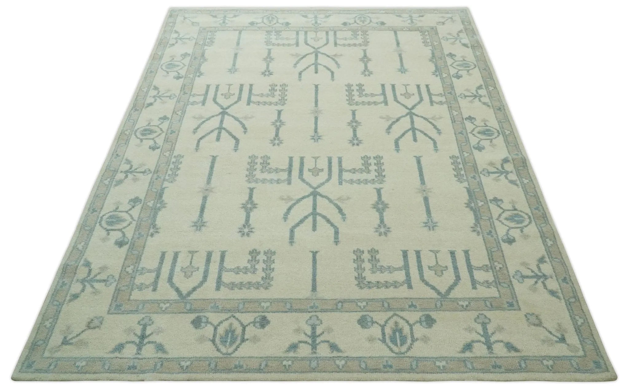 Antique Style Tree of life Beige and Teal Traditional Hand Knotted Custom Made wool Area Rug