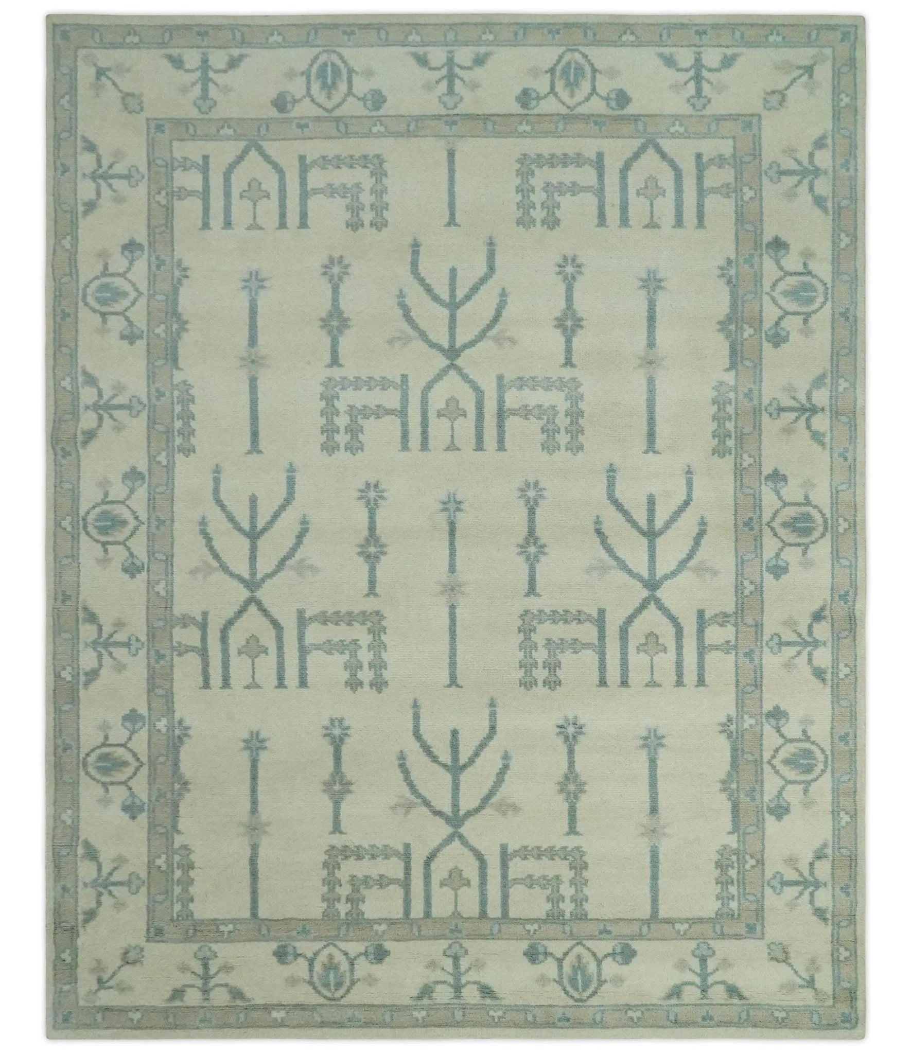 Antique Style Tree of life Beige and Teal Traditional Hand Knotted Custom Made wool Area Rug