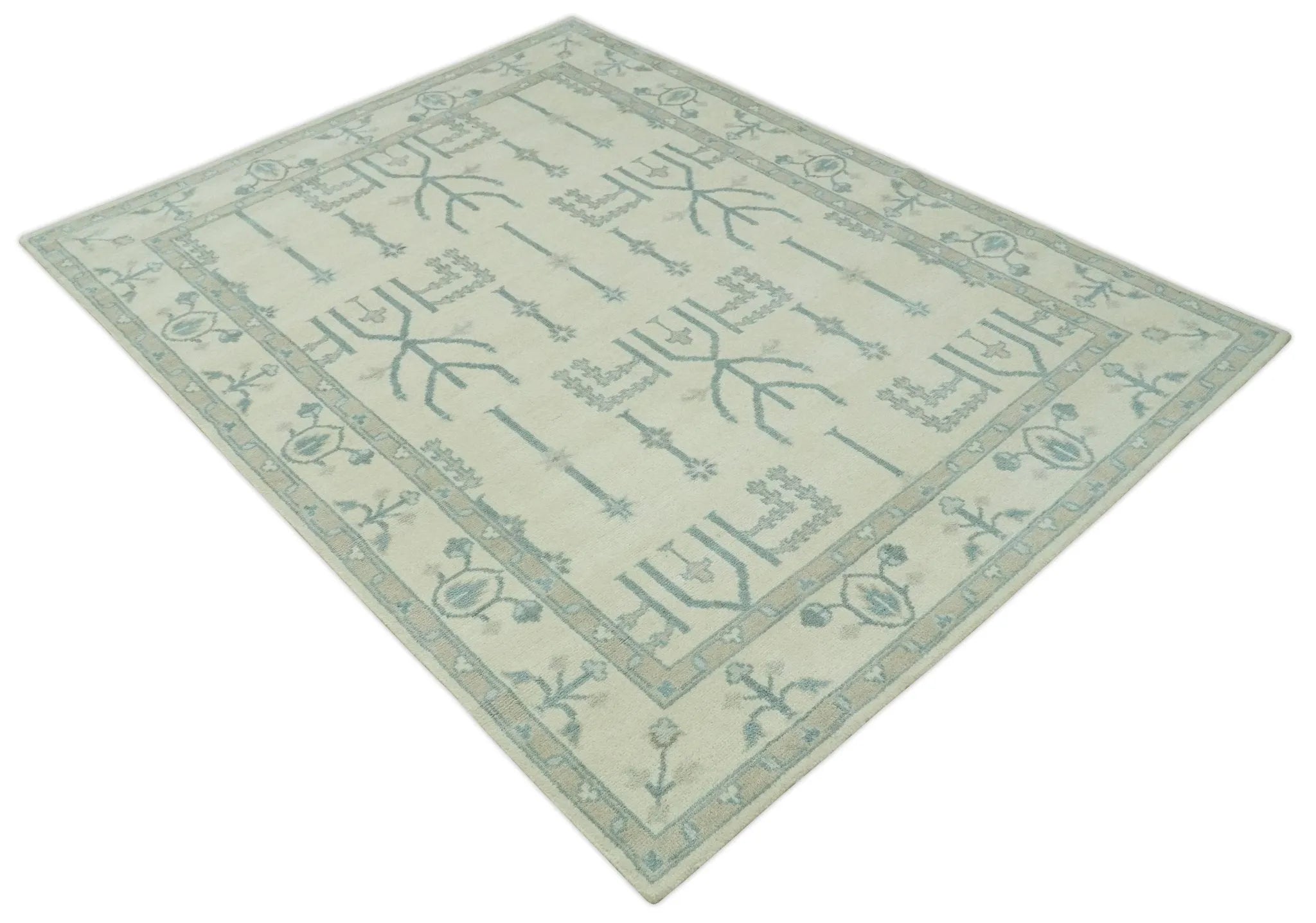 Antique Style Tree of life Beige and Teal Traditional Hand Knotted Custom Made wool Area Rug