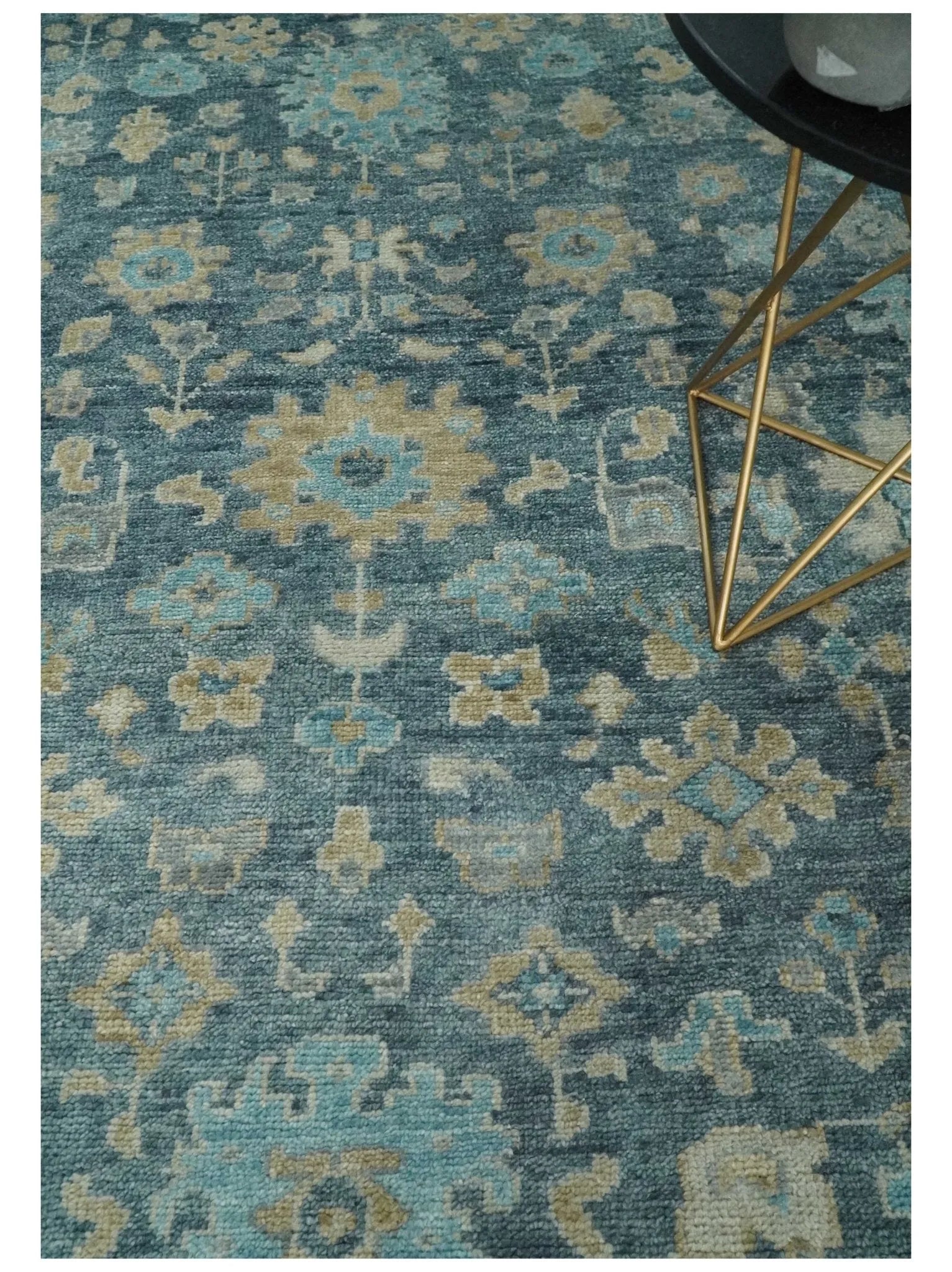 Antique Teal Blue Custom Made Hand Knotted Oriental Oushak  Ivory and Beige Wool Area Rug