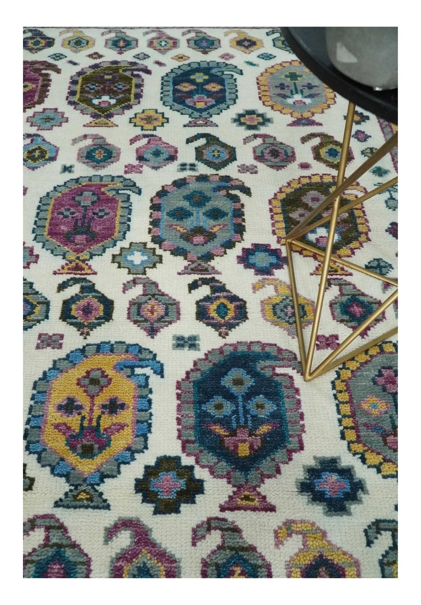 Ivory, Gold and Pink Hand knotted Traditional Boteh Design Multi size wool Area Rug