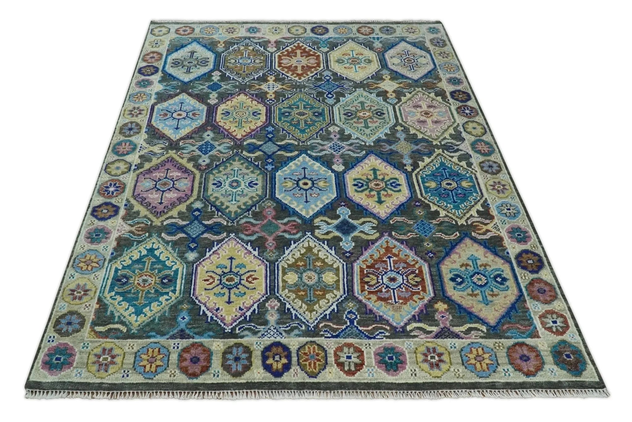 Antique look Charcoal, beige and Blue Hand knotted Traditional Oushak Custom Made wool Area Rug