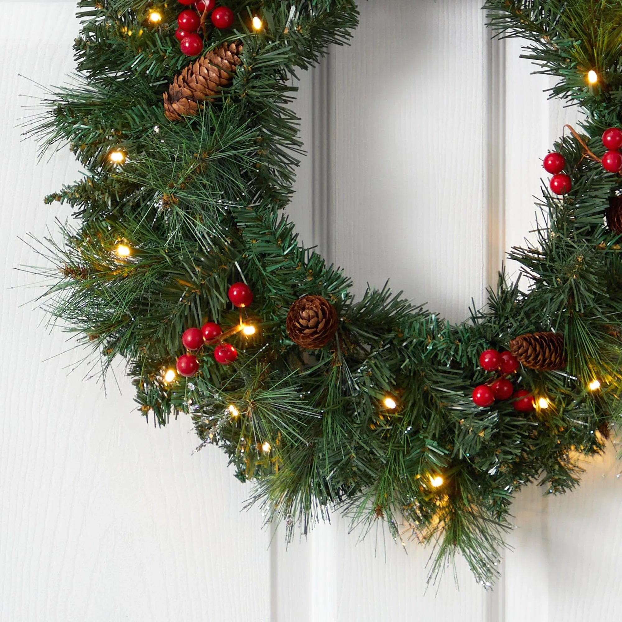 20” Frosted Pine Artificial Christmas Wreath with Pinecones, Berries and 35 Warm White LED Lights