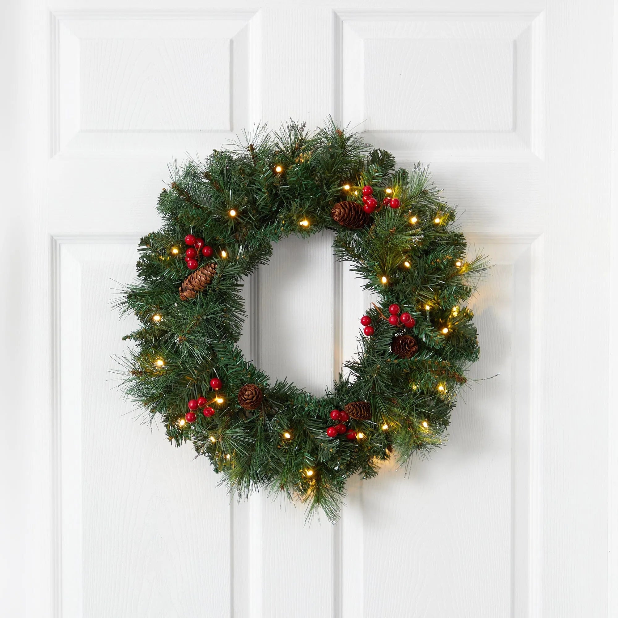 20” Frosted Pine Artificial Christmas Wreath with Pinecones, Berries and 35 Warm White LED Lights