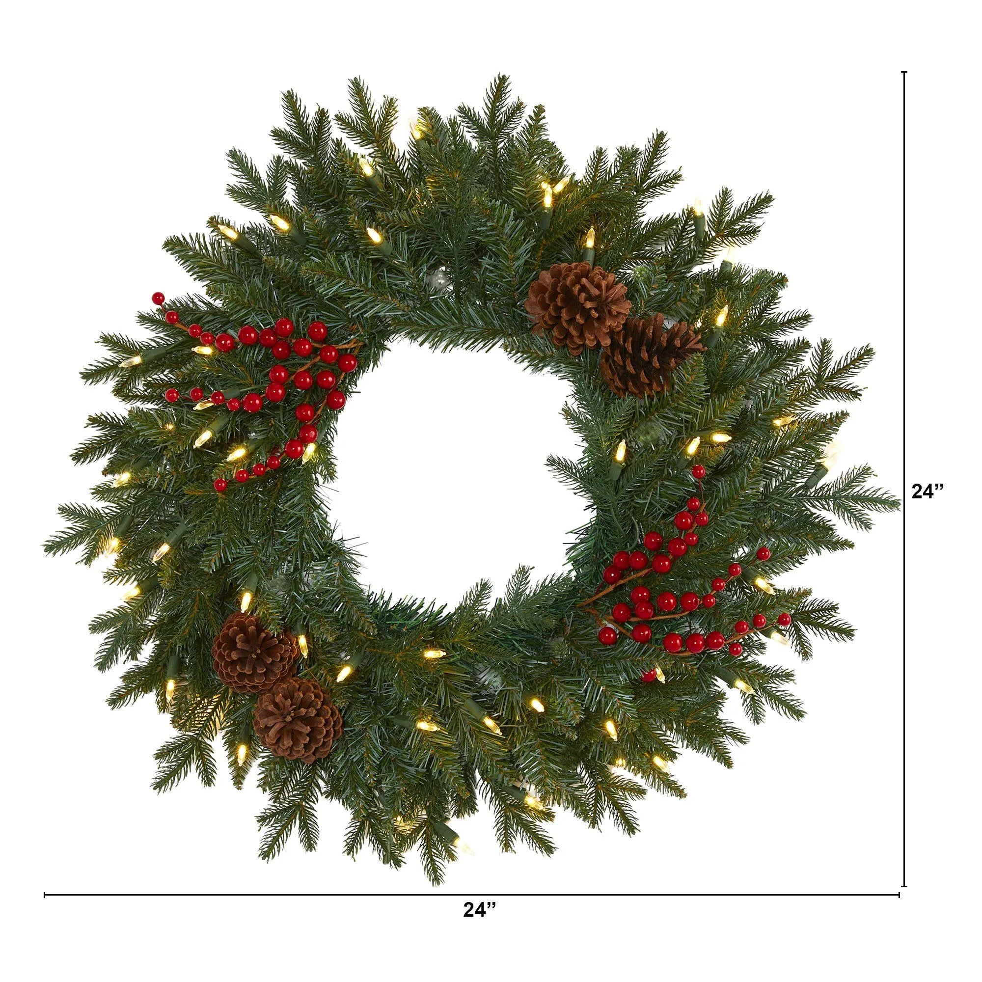 24” Green Pine Artificial Christmas Wreath with 50 Warm White LED Lights, Berries and Pine Cones