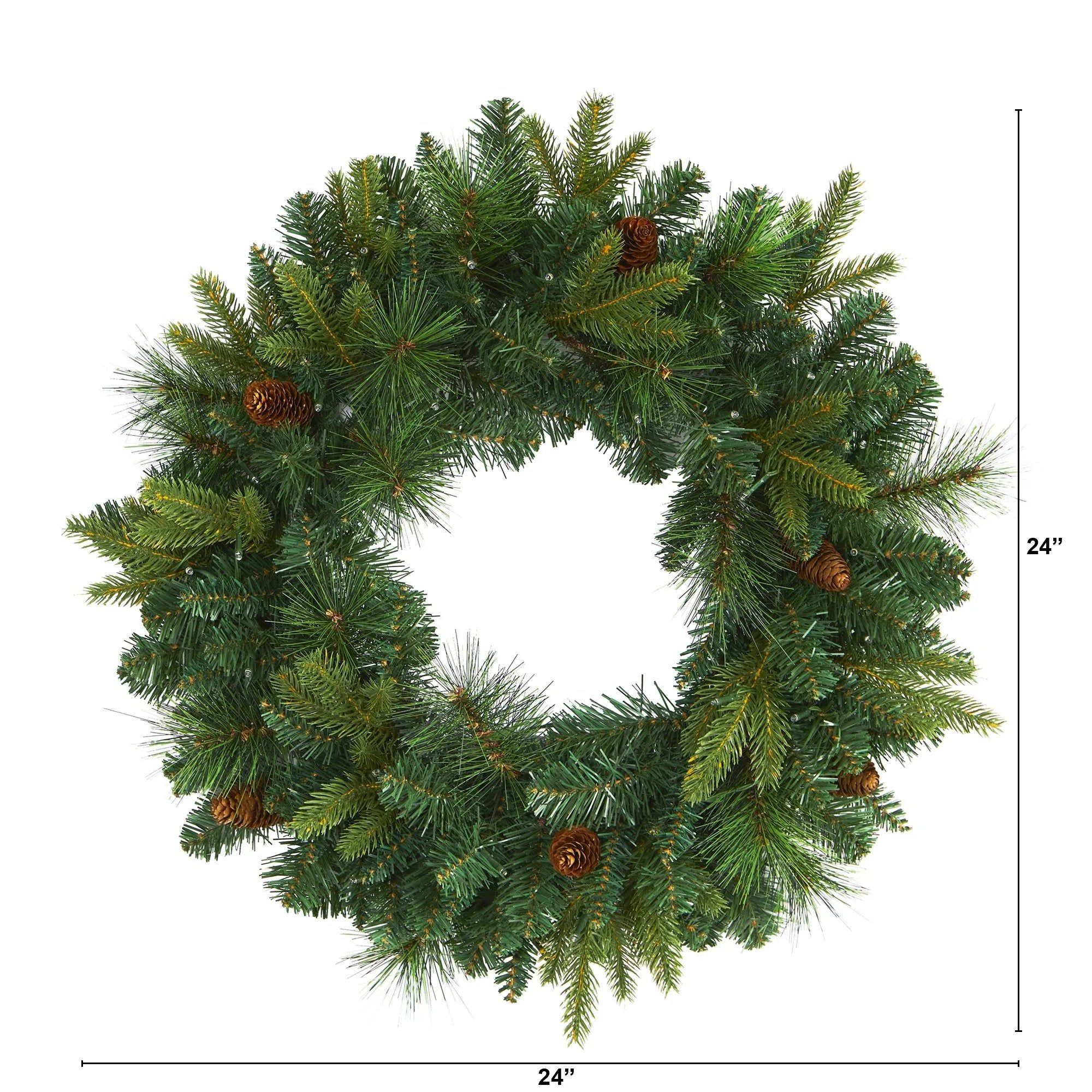 24” Mixed Pine Artificial Christmas Wreath with 35 Clear LED Lights and Pinecones