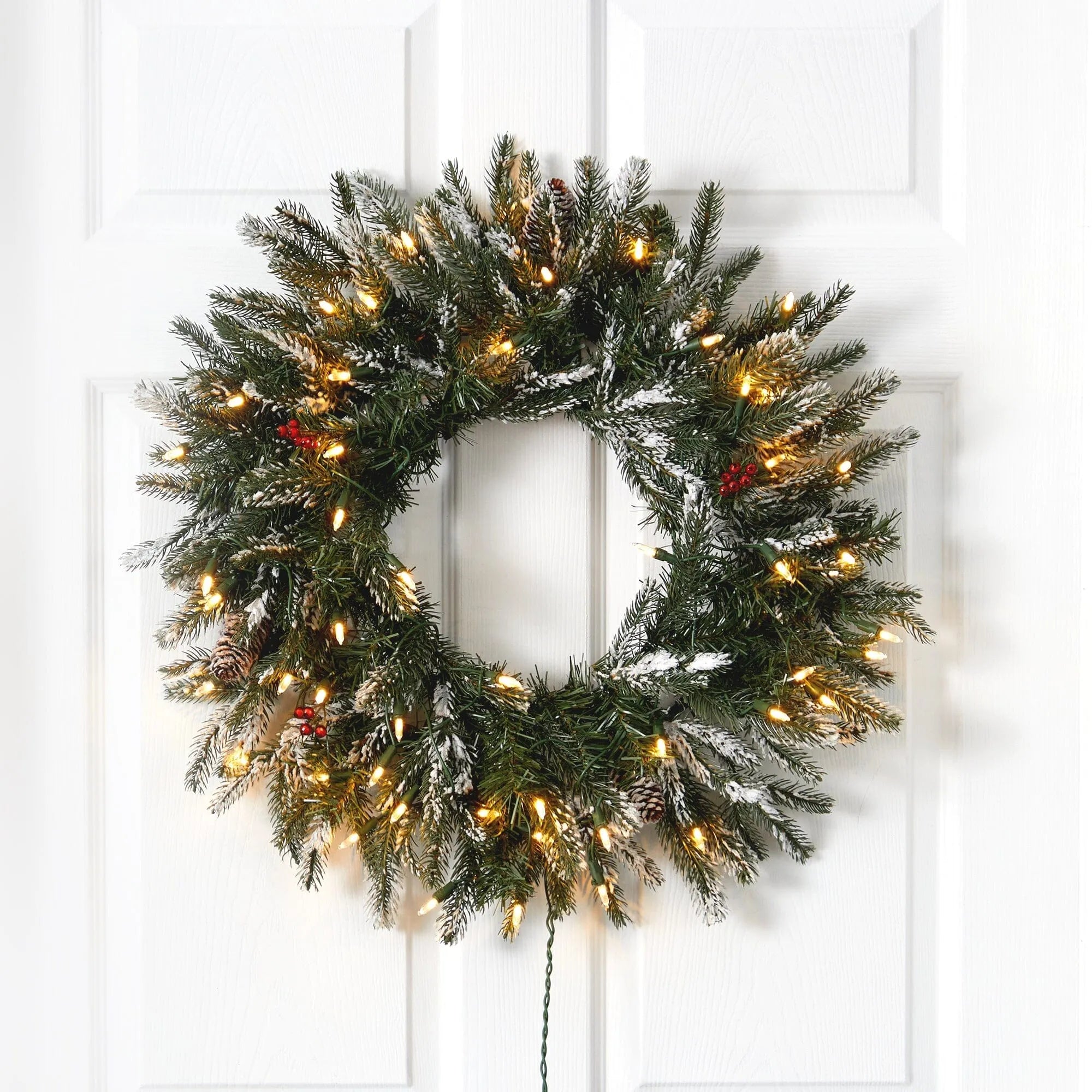 24” Snowed Artificial Christmas Wreath with 50 Warm White LED Lights and Pine Cones